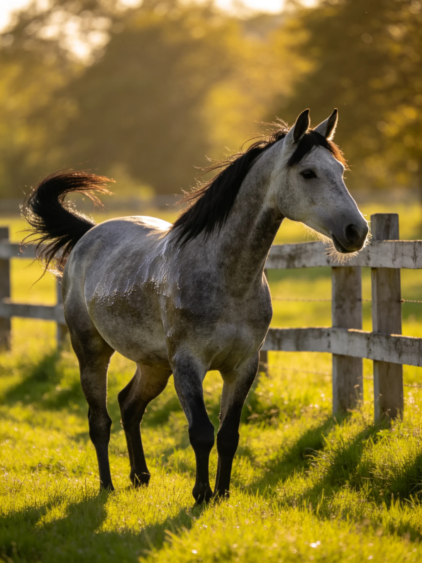 A gray horse stands in a sunlit green pasture next to a wooden fence.