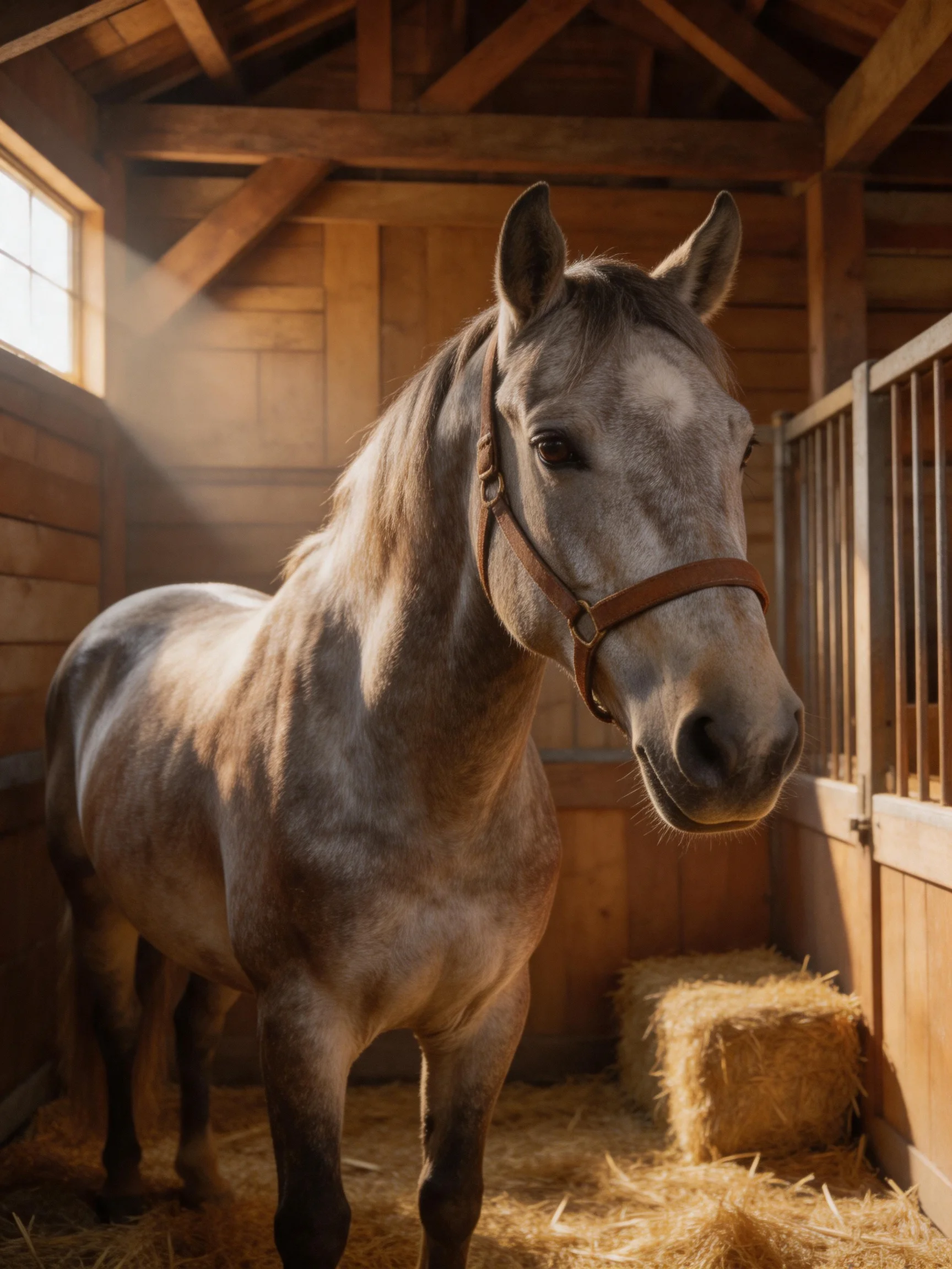 A gray horse stands in a sunlit wooden stable with hay.