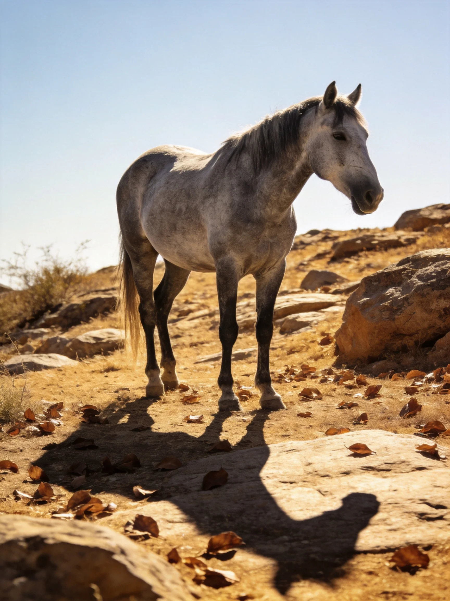 A gray horse in rocky, arid terrain with scattered leaves