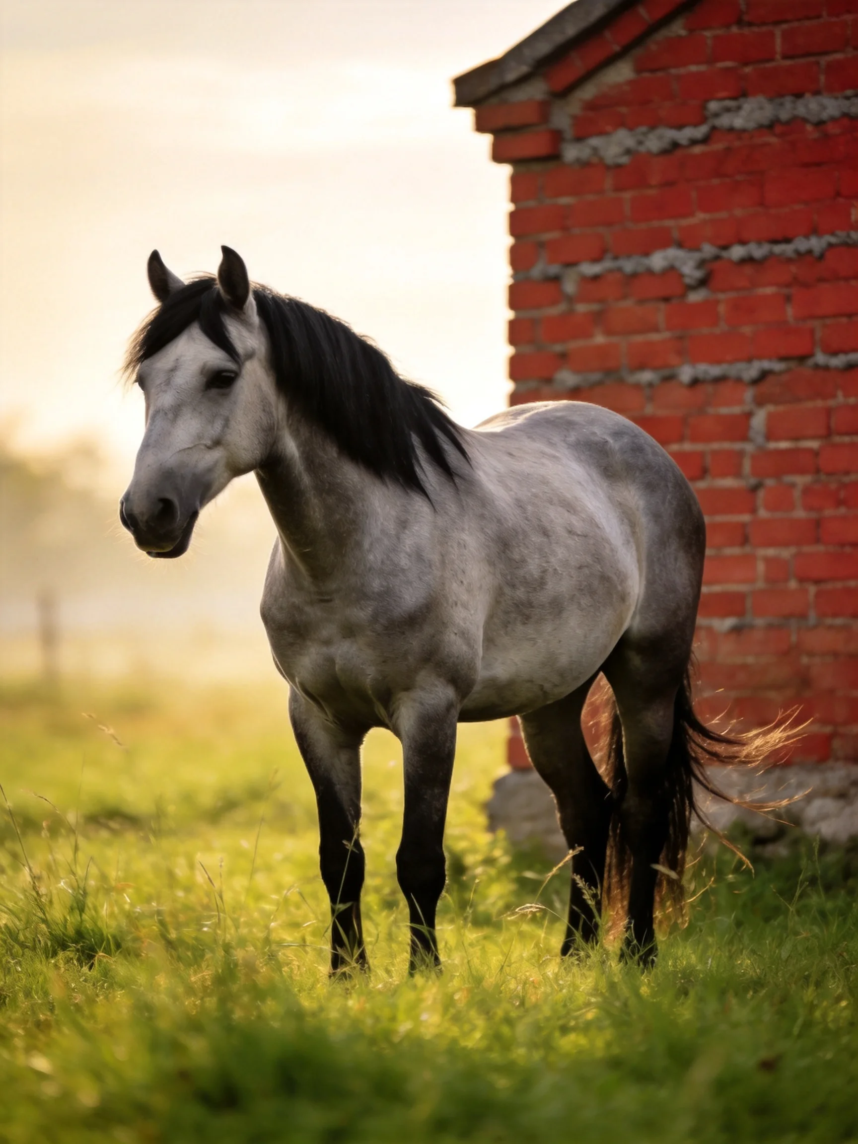 A gray horse near an old red brick structure in a grassy field