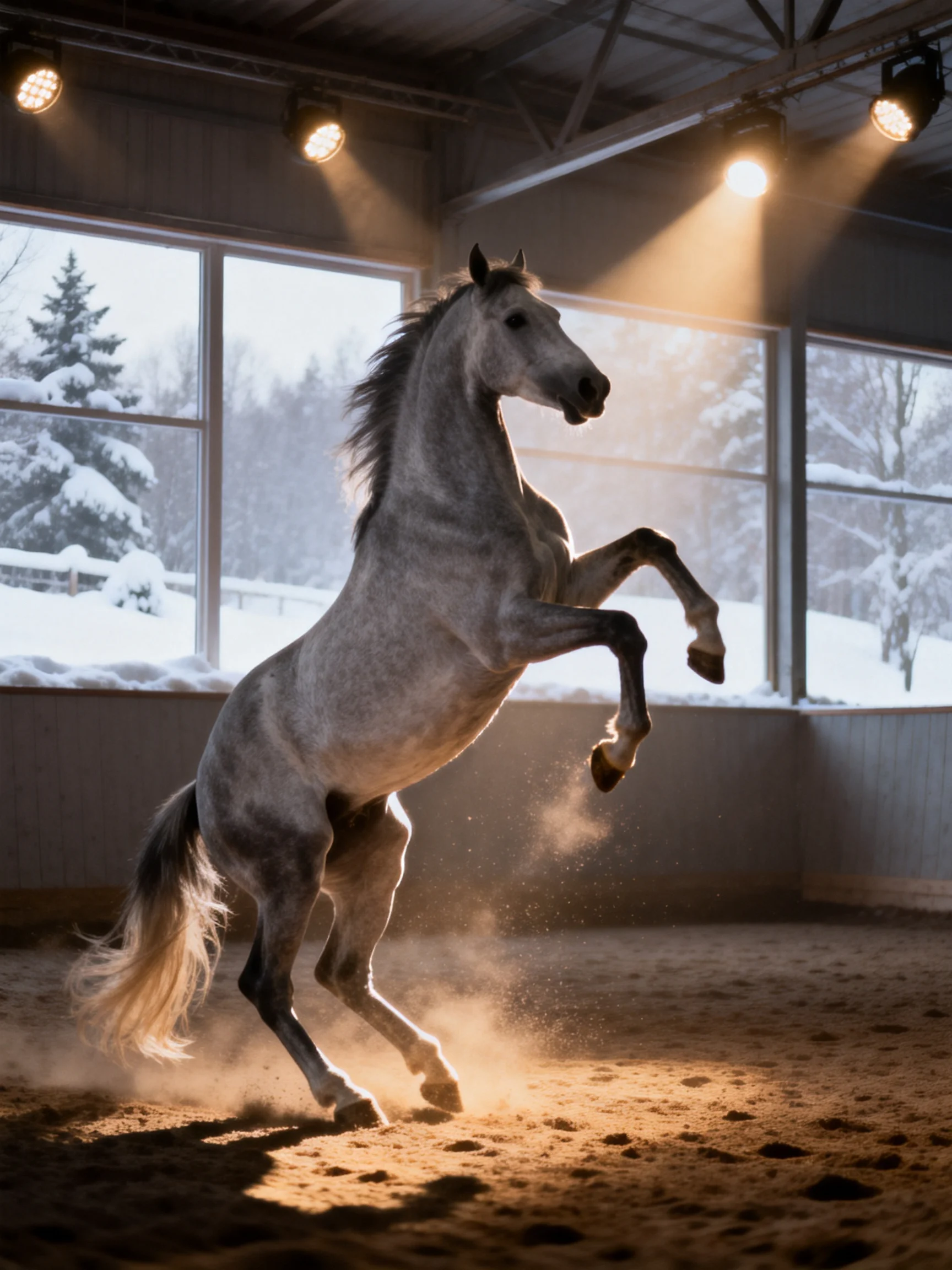 A gray horse rears in a sandy indoor arena with snowy views