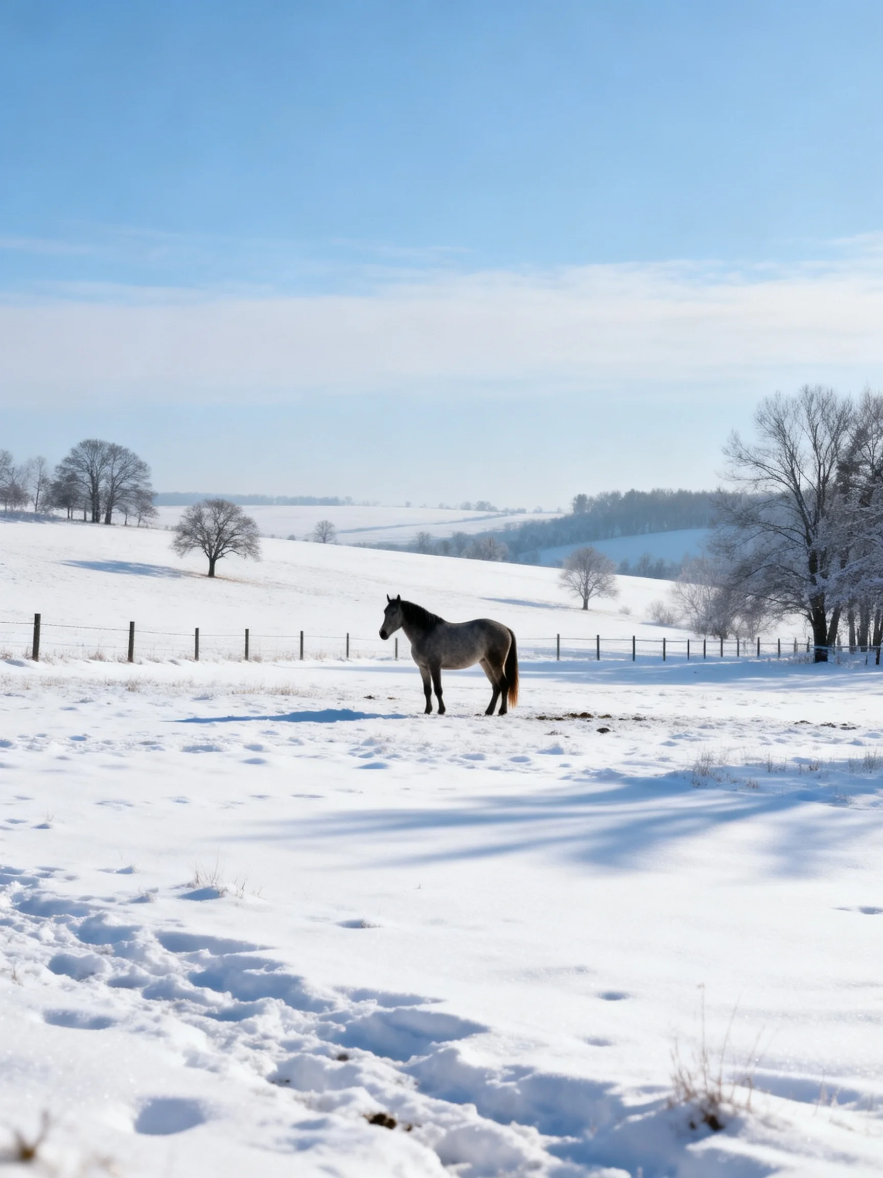 A gray horse stands alone in a vast snow-covered field under clear blue skies