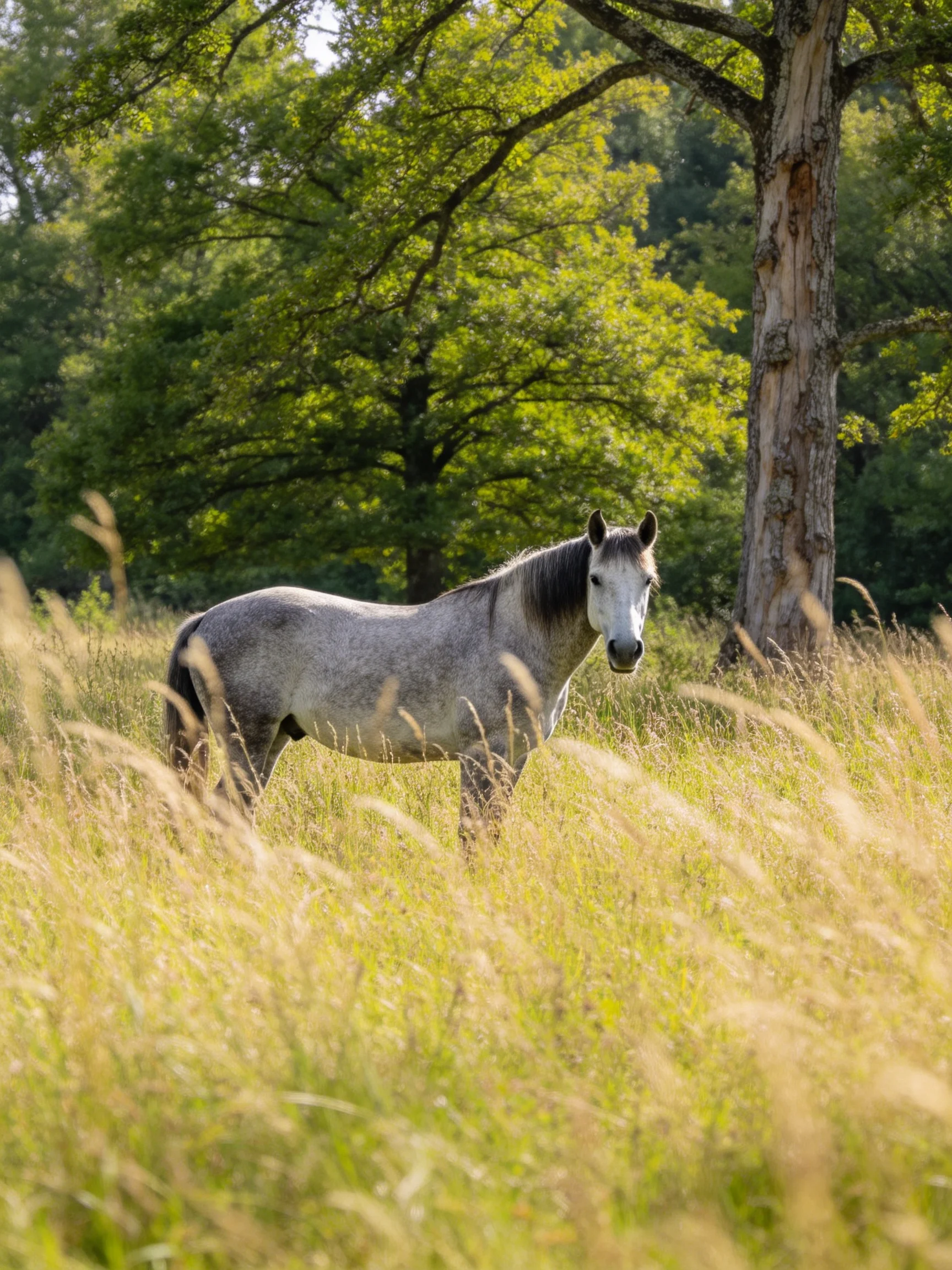 A gray horse stands in a sunlit meadow with tall grass and trees.