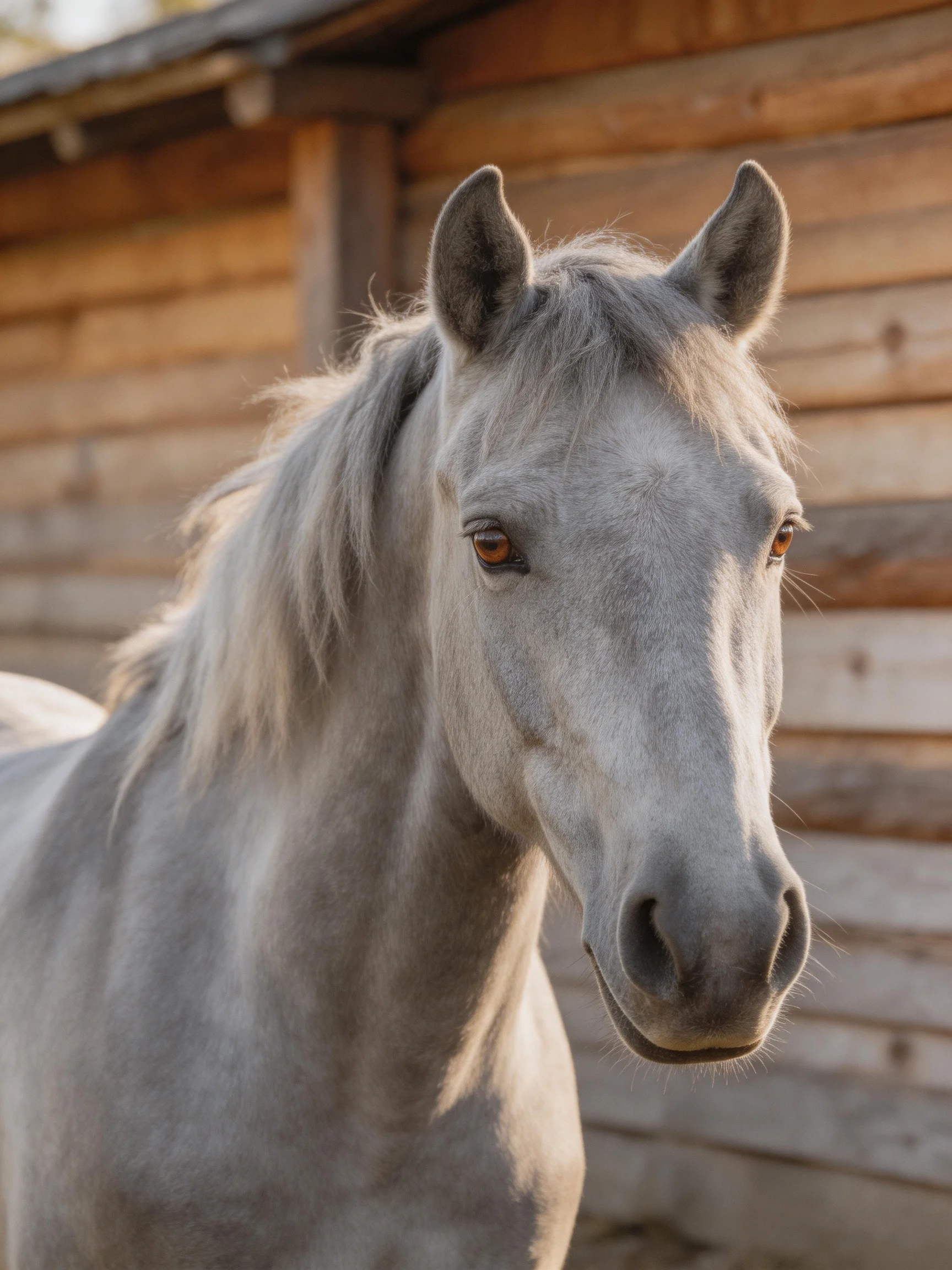A gray horse is positioned near a rustic wooden barn.