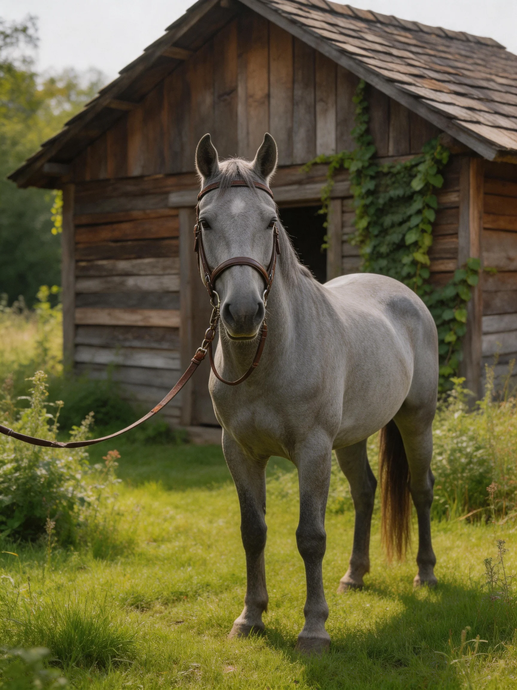 A gray horse stands before an old wooden shed with overgrown vegetation