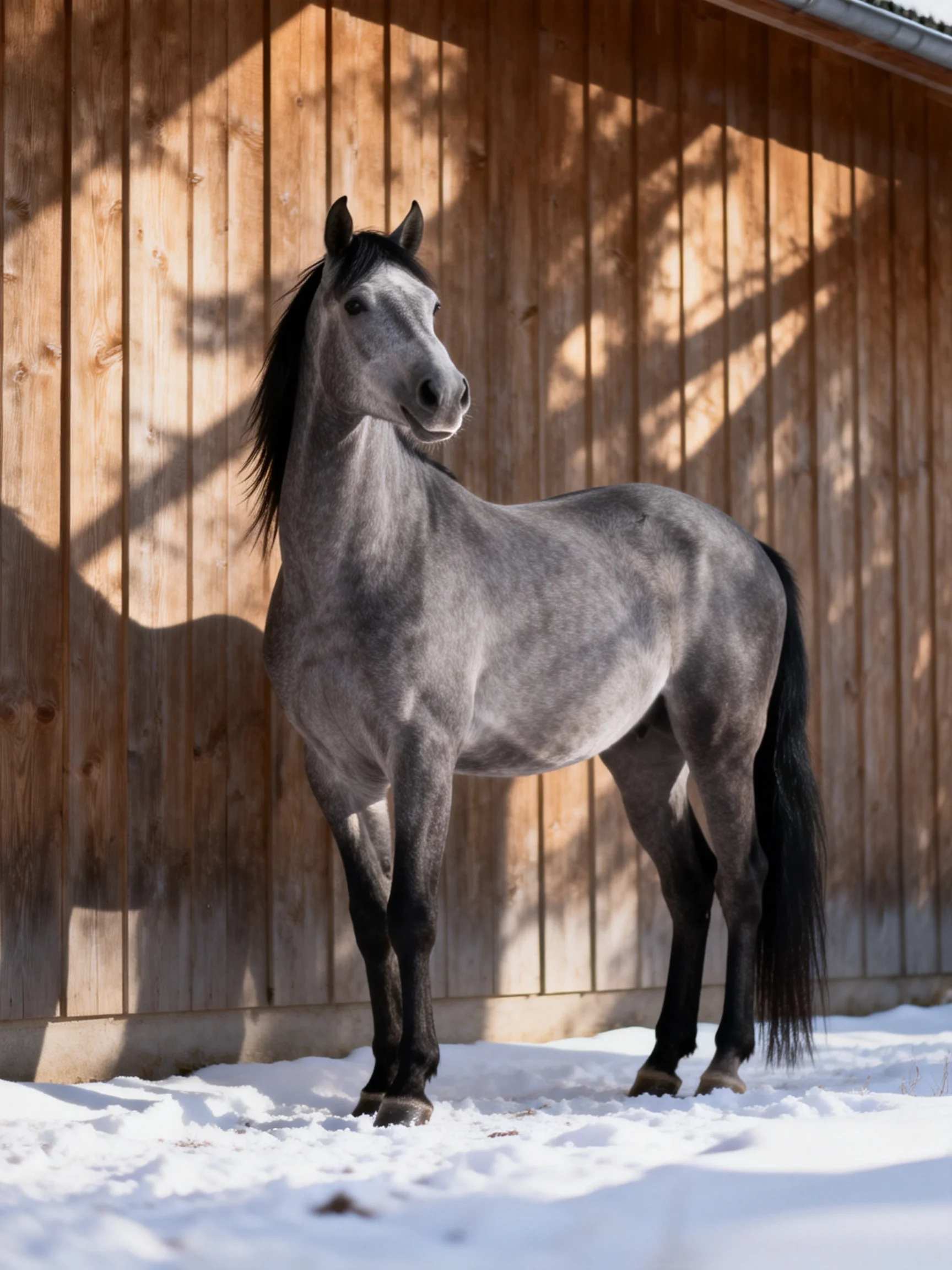 A gray horse stands beside a wooden barn in snowy terrain
