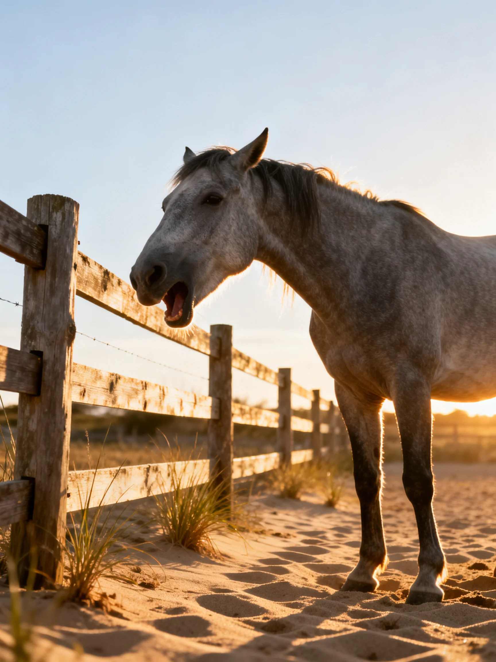 A gray horse stands near a wooden fence on sandy ground under warm evening light.