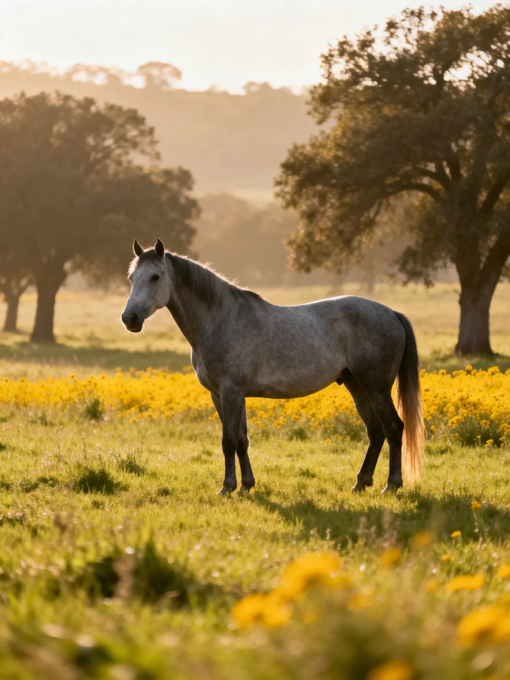 A gray horse stands in a sunlit meadow with yellow flowers and trees.