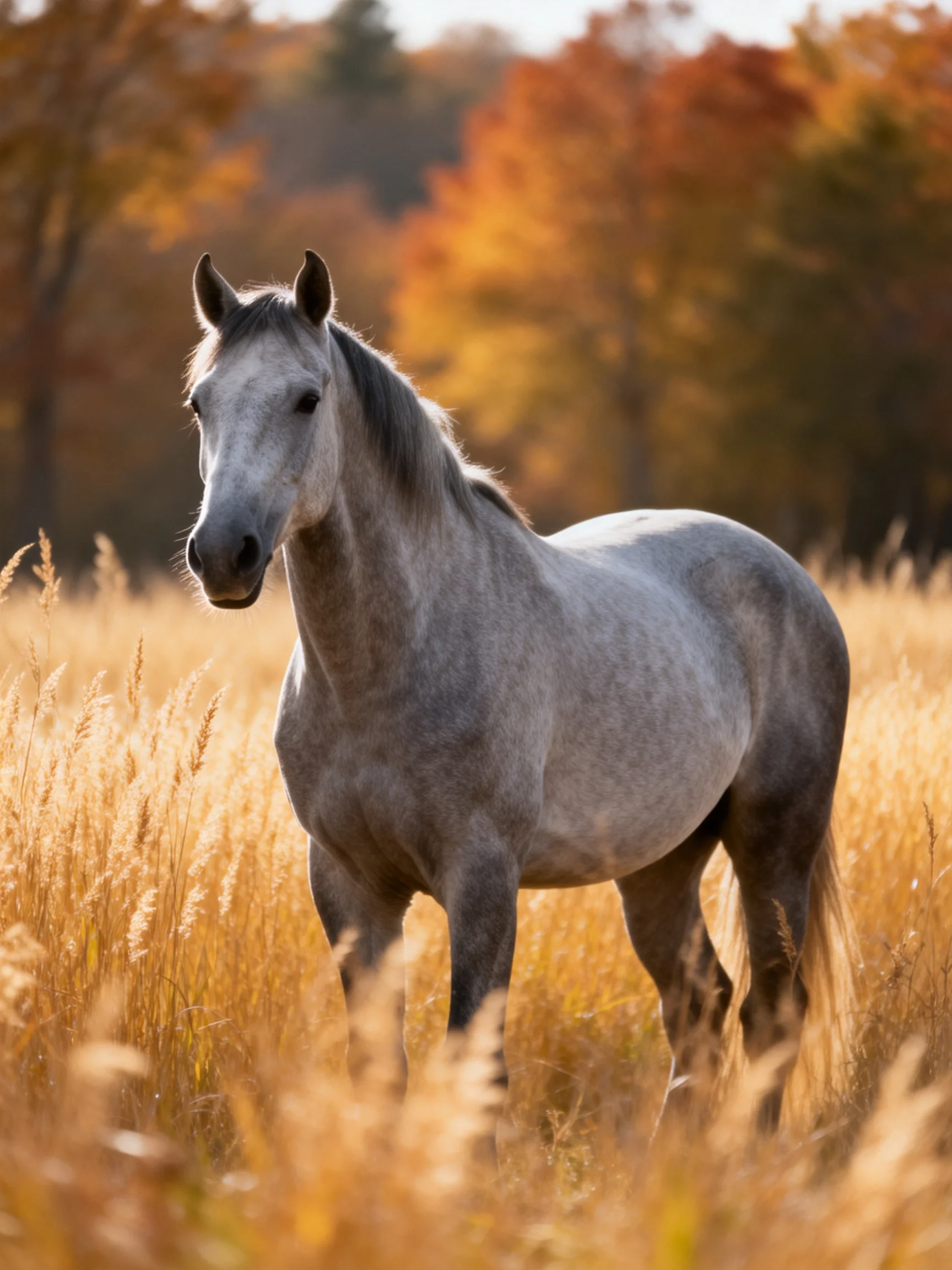 A gray horse stands among tall golden grass near autumnal trees.