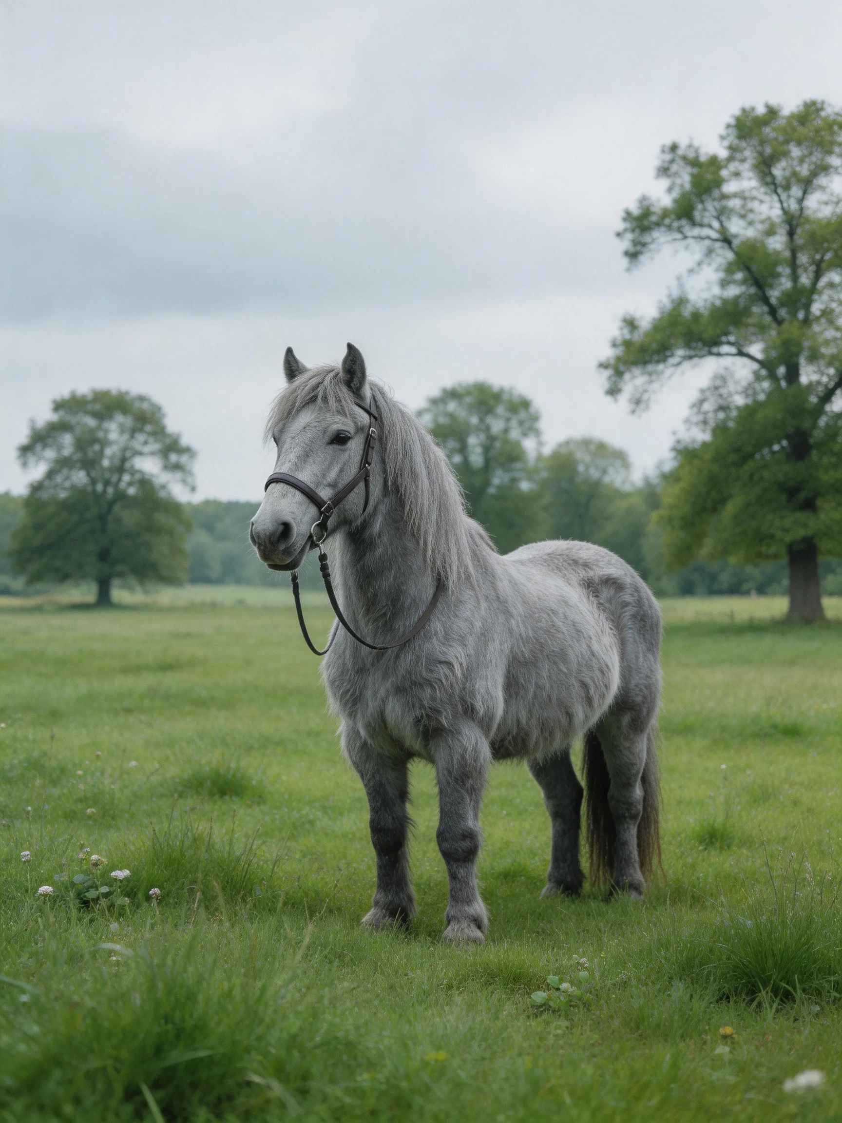 A gray horse stands in a green meadow with trees in the background.