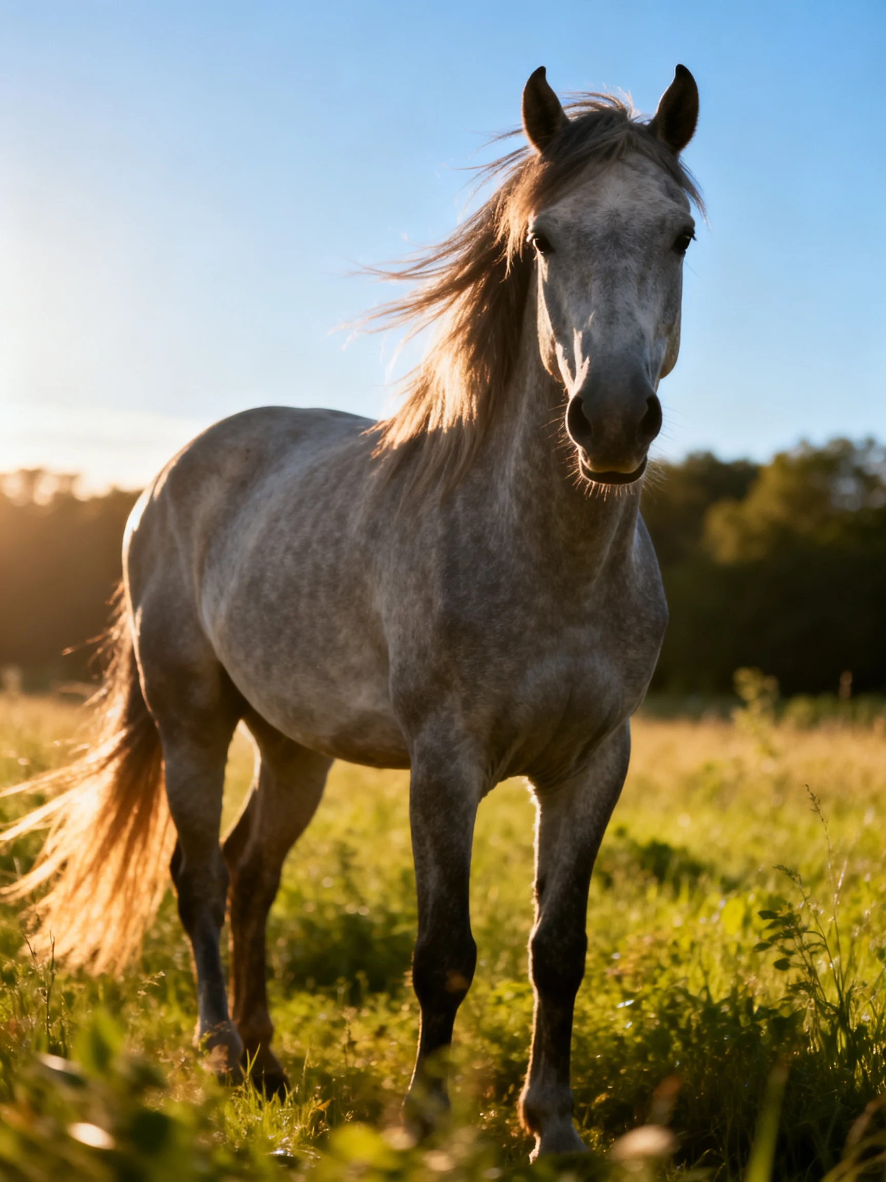 A gray horse stands in a sun-drenched green meadow