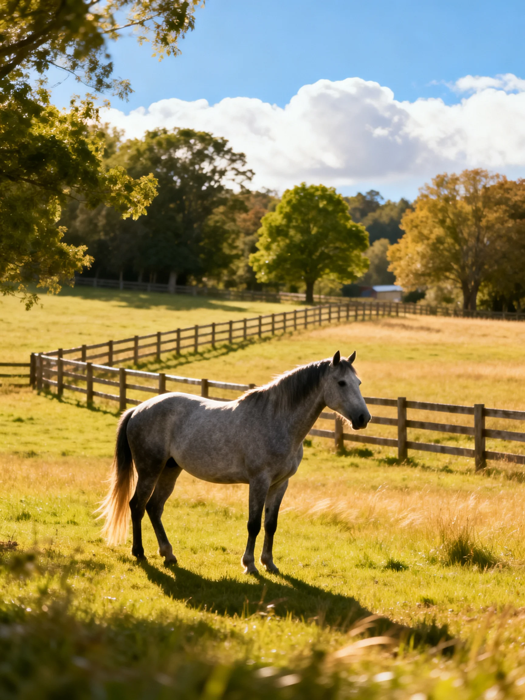 A gray horse stands in a sunlit fenced pasture with golden grass
