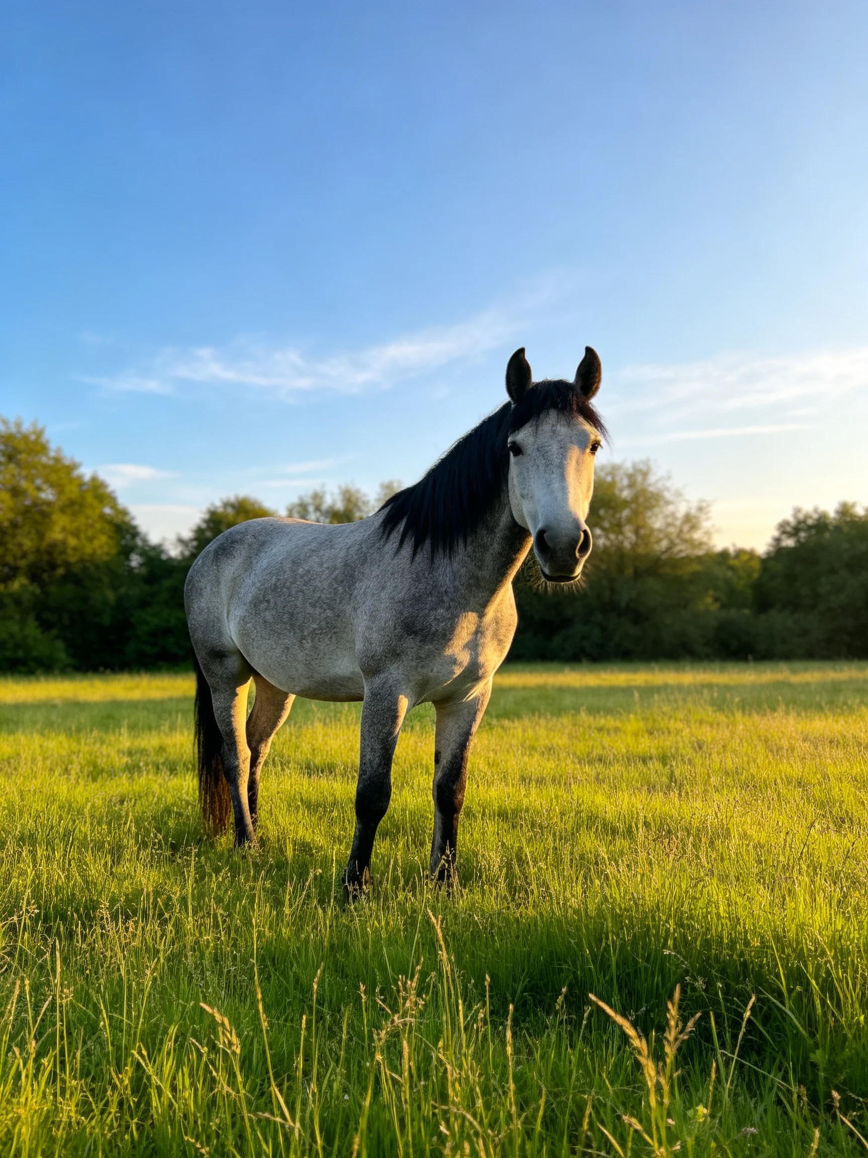 A gray horse stands in a sunlit green meadow.