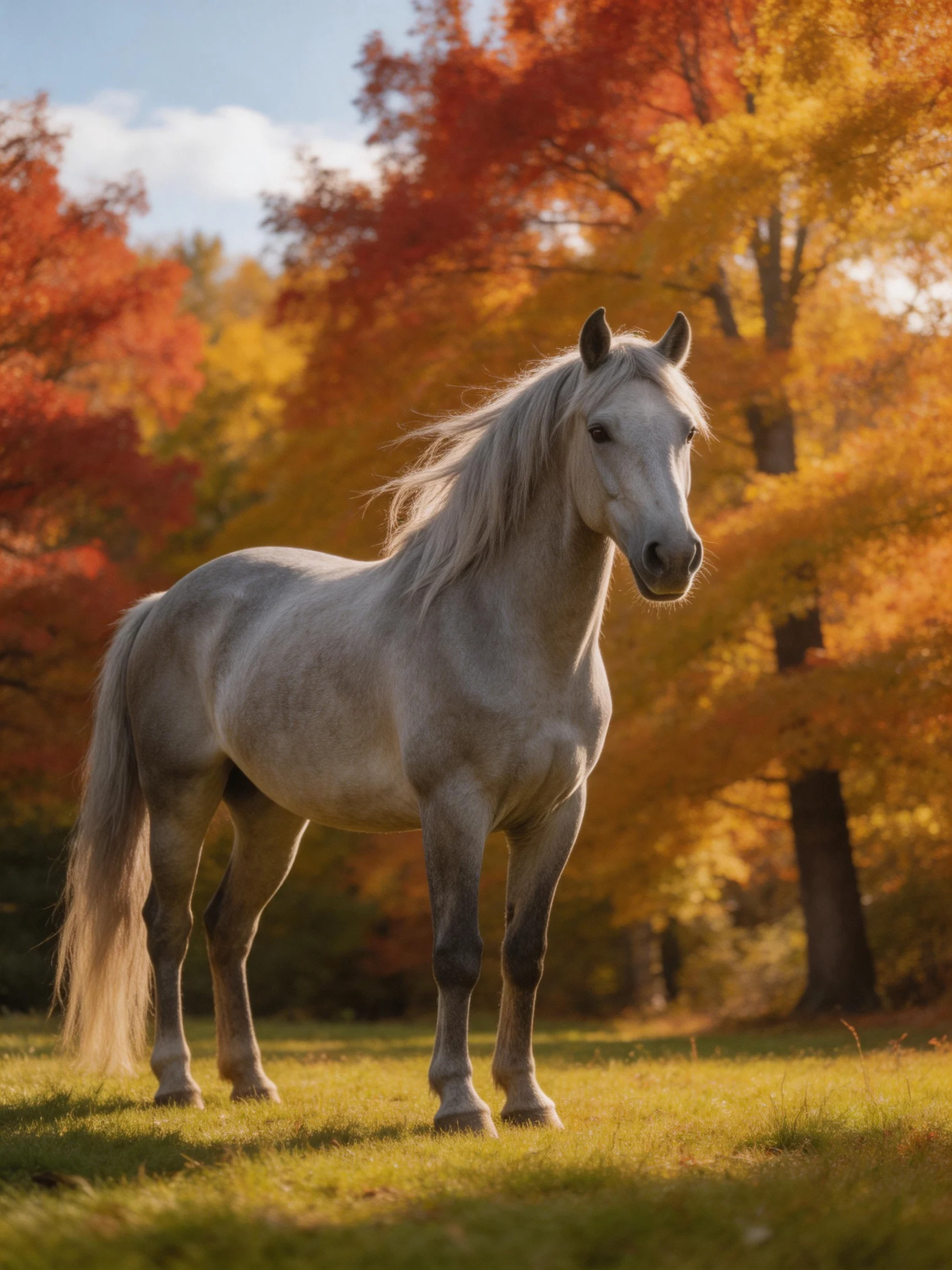 A gray horse stands in a sunlit meadow surrounded by autumn trees.