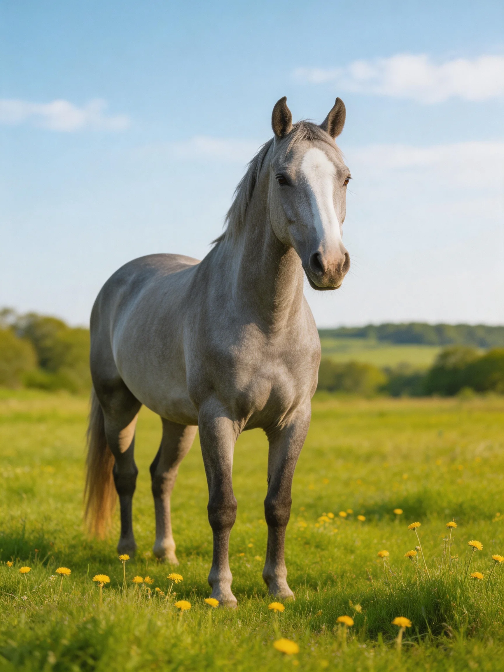 A gray horse stands in a vibrant meadow with yellow wildflowers