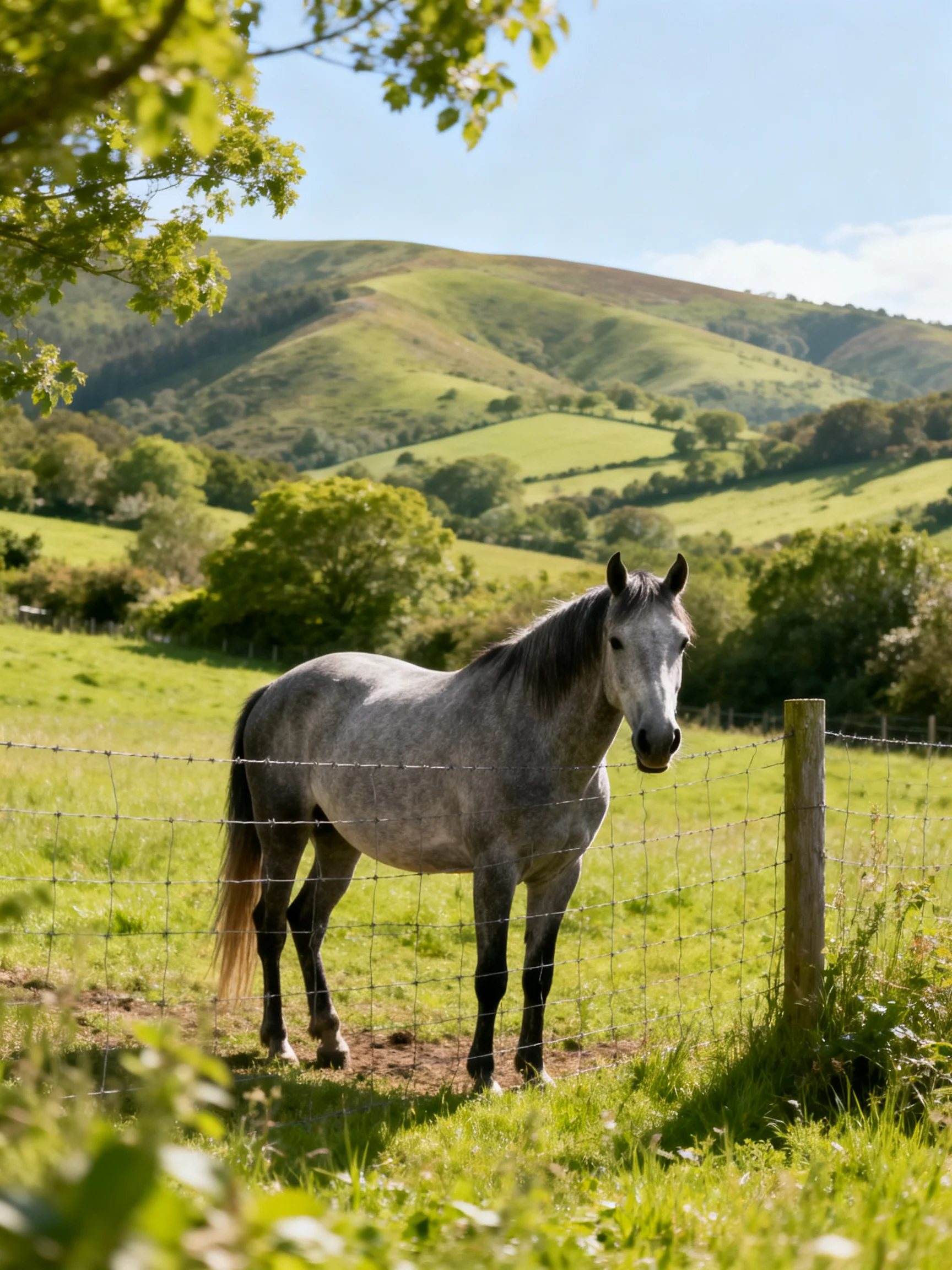 A gray horse stands near a barbed-wire fence in rolling green countryside