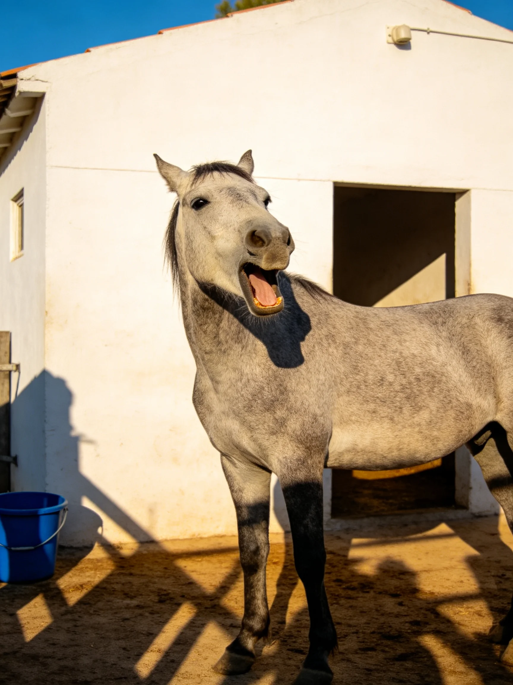 A gray horse stands near a white barn with a blue bucket in a sunny area.