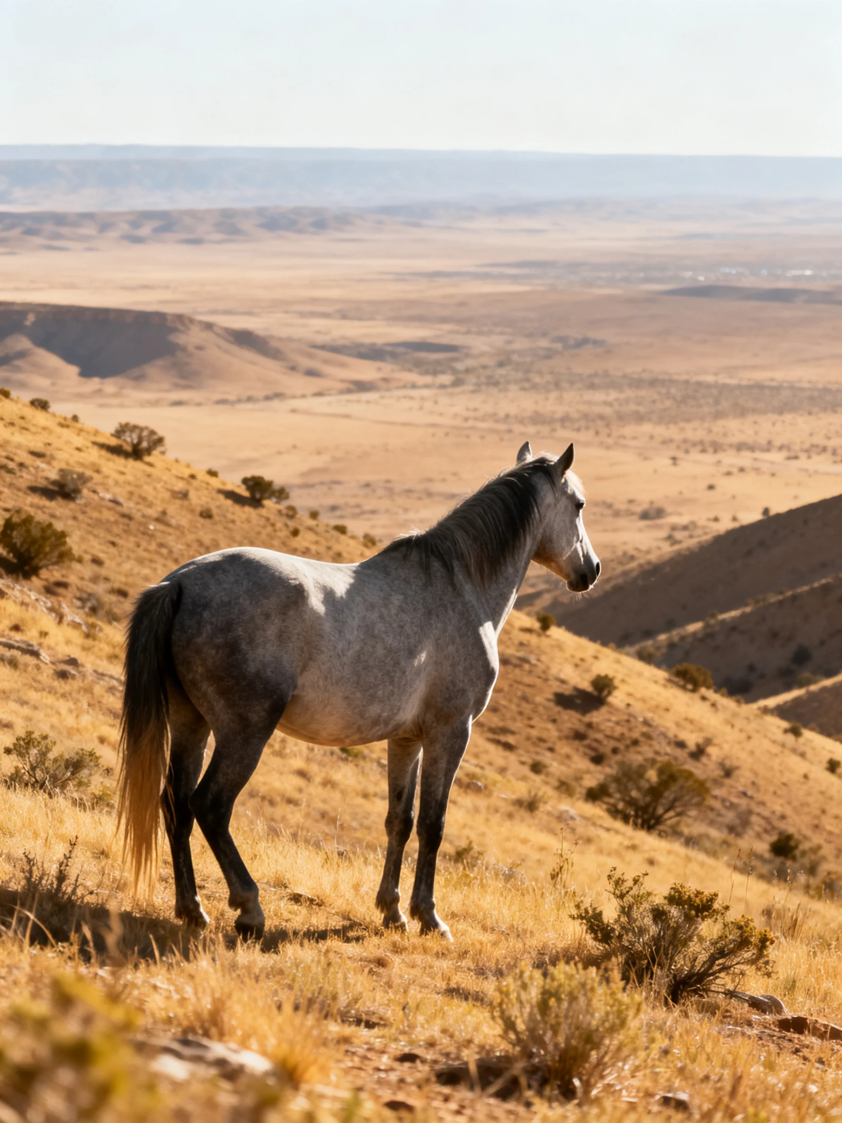A gray horse stands on golden-hued rolling hills