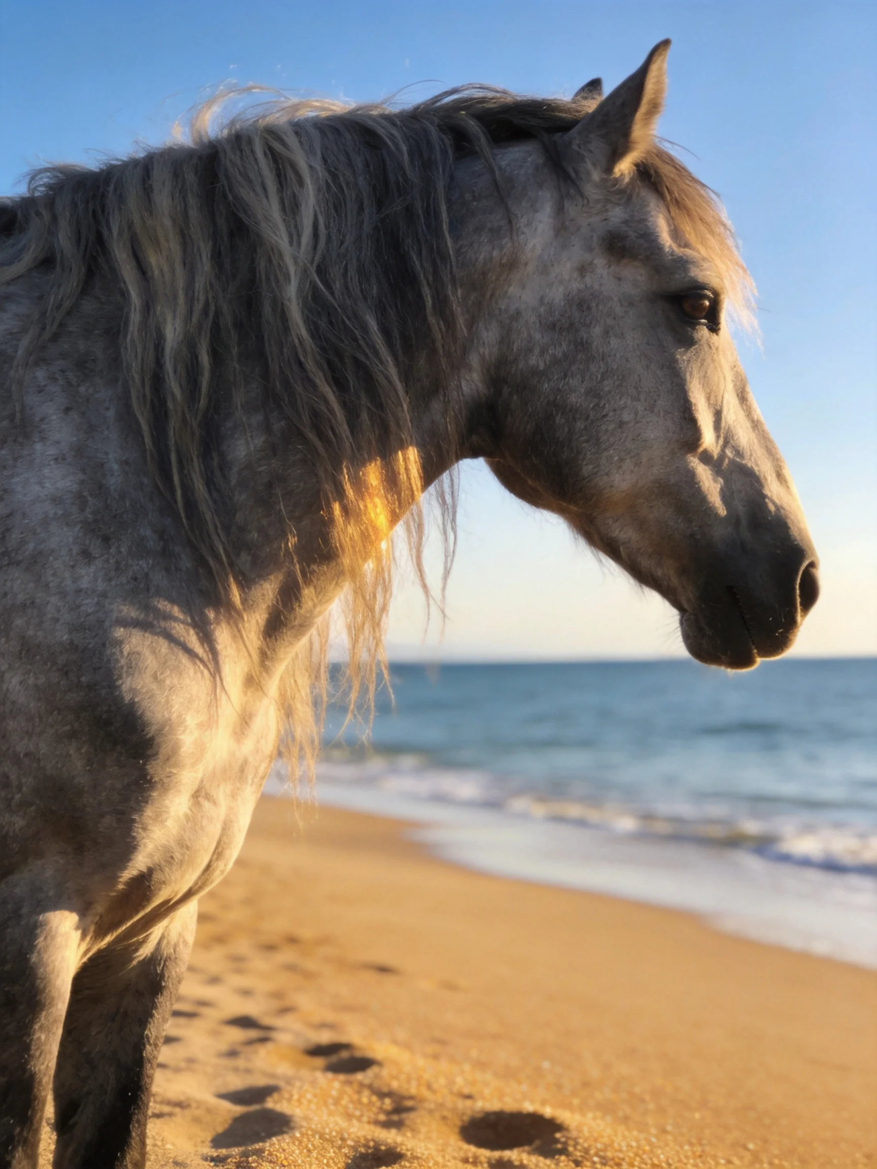 A gray horse stands on golden sand by calm blue sea