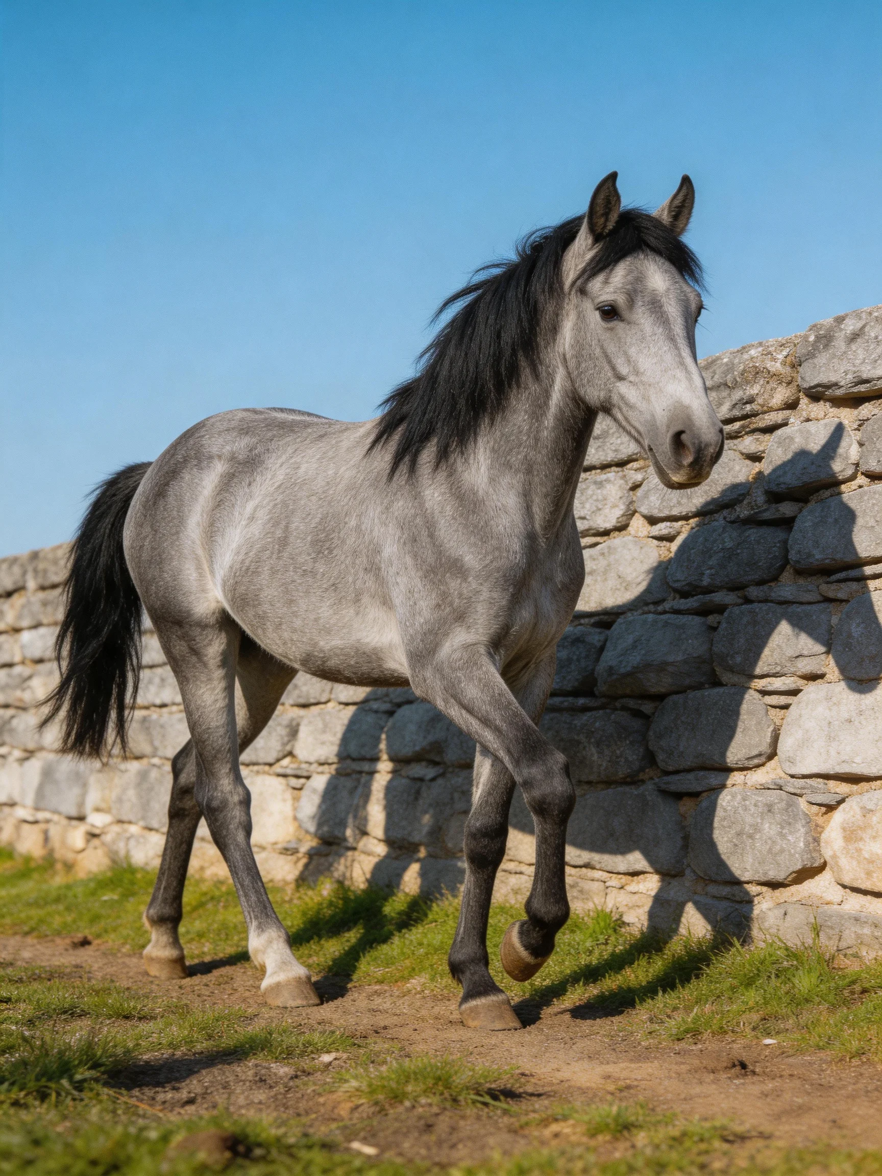 A gray horse walking near an aged stone wall