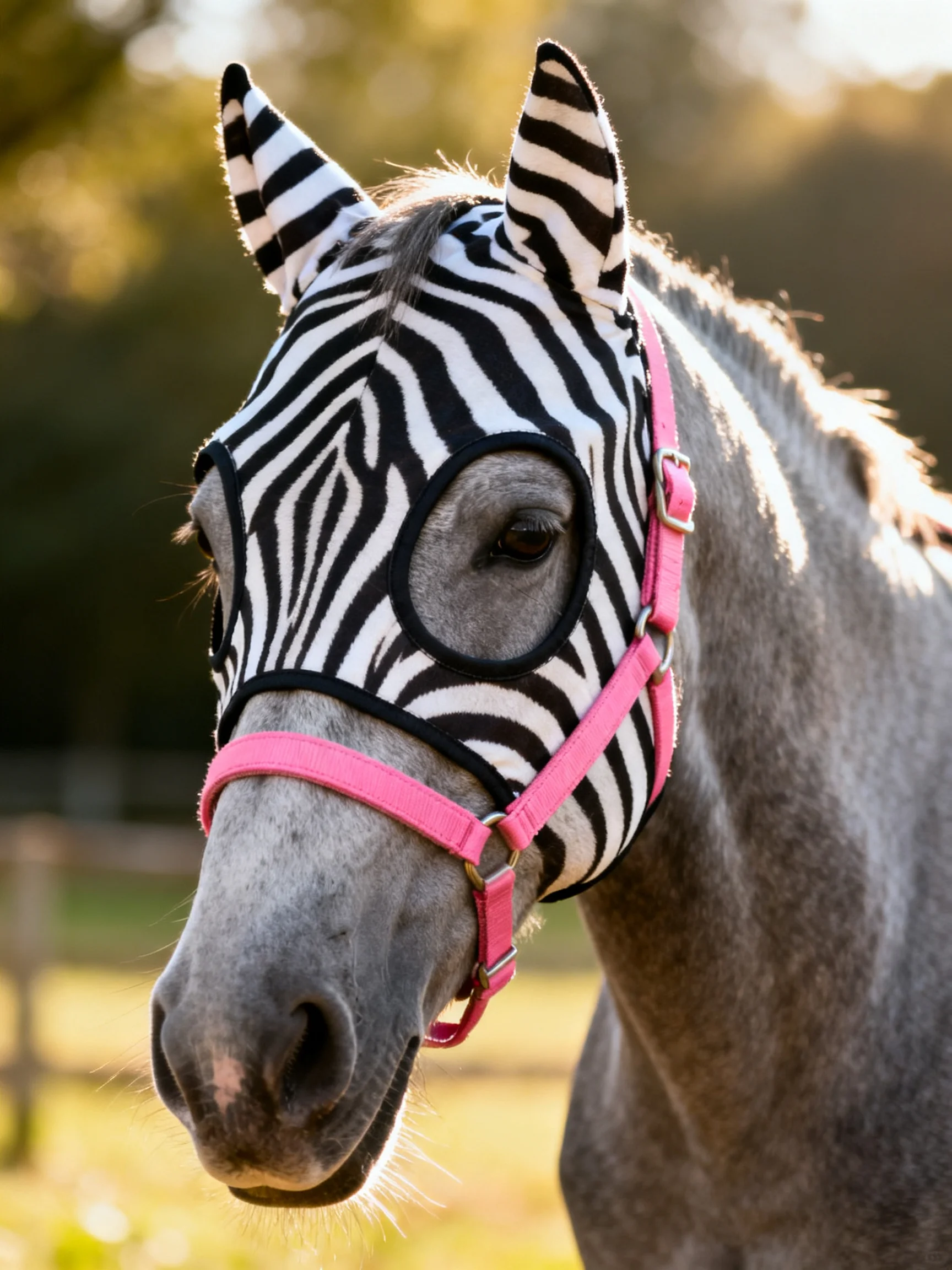 A gray horse wears a zebra-print mask with pink halter