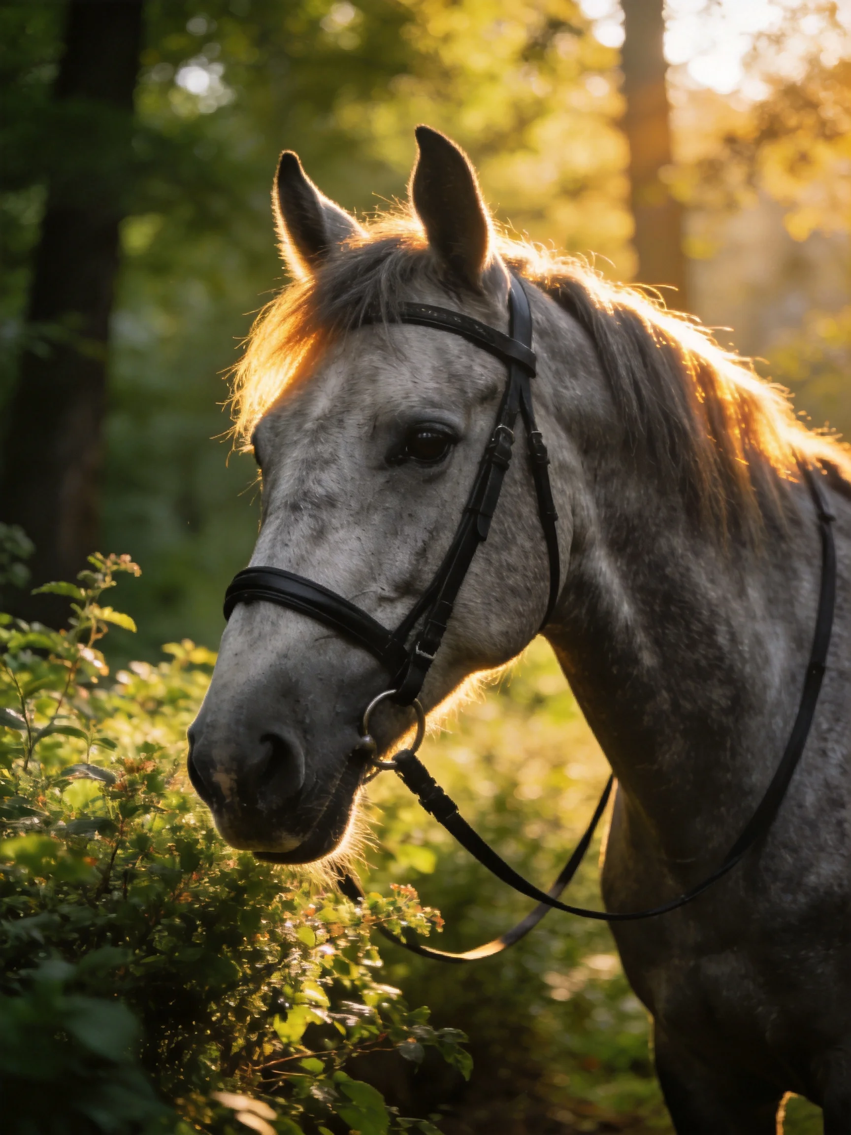 A gray horse with a black bridle in a sunlit forest