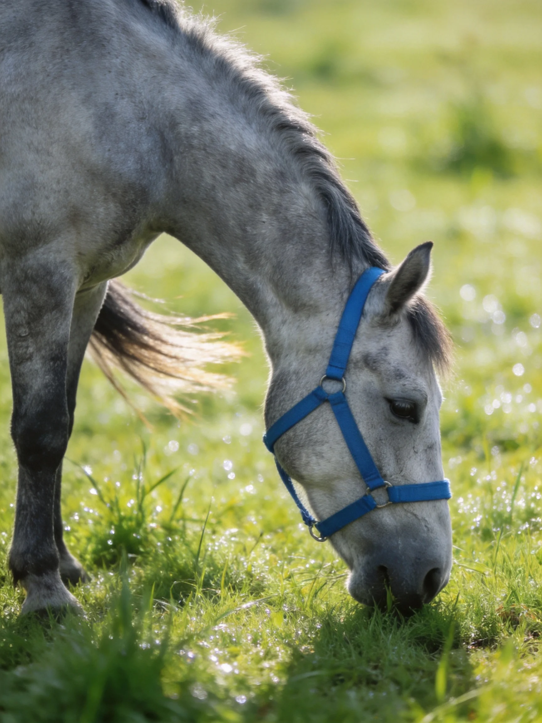 A gray horse with a blue halter grazing in a sunlit green meadow
