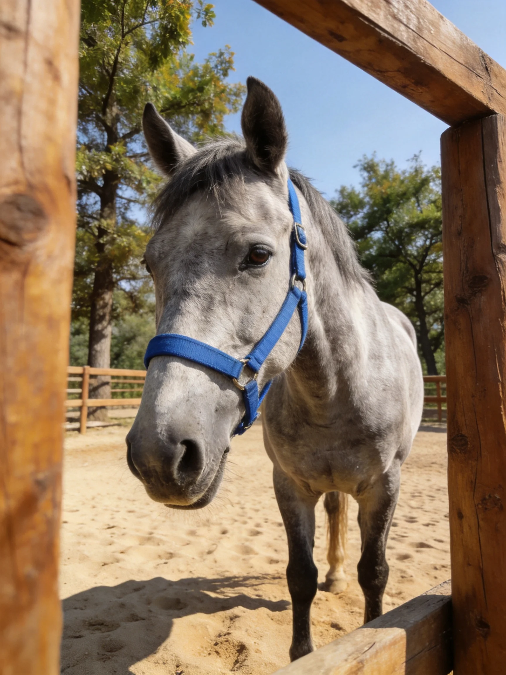 A gray horse with a blue halter near wooden fencing