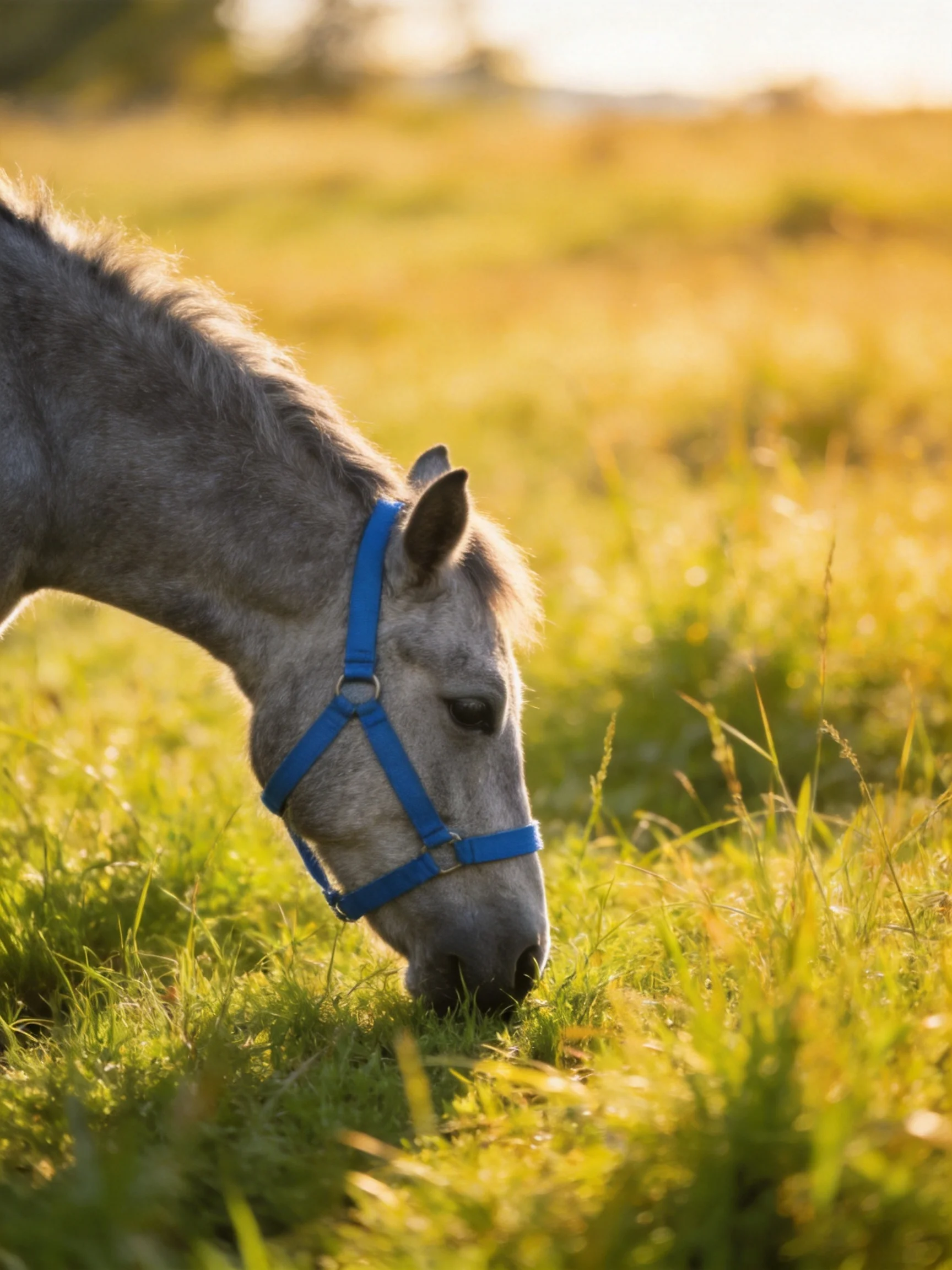 A gray horse with a bright blue halter grazes in a golden meadow