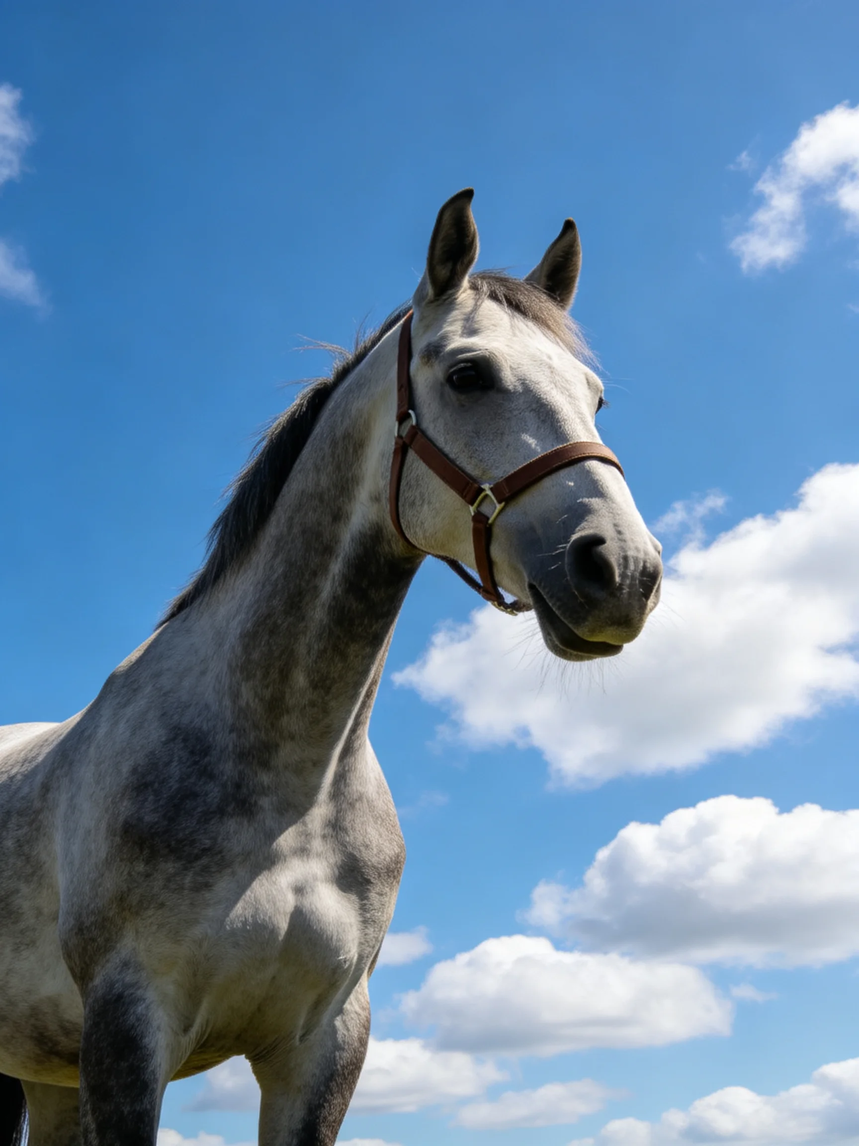 A gray horse with a brown halter stands beneath a bright blue sky with scattered clouds