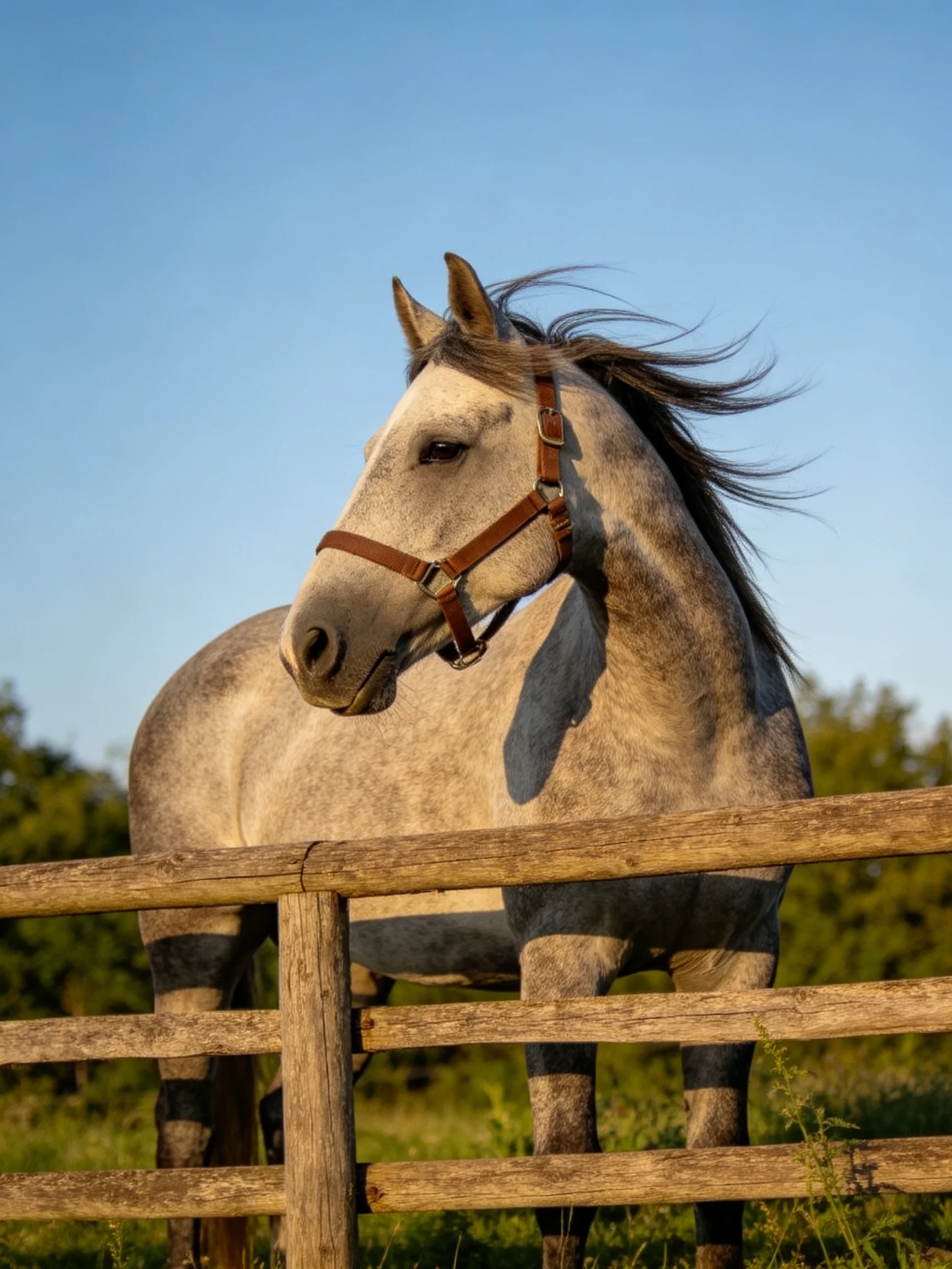A gray horse with a brown halter stands near a weathered wooden fence under a clear blue sky