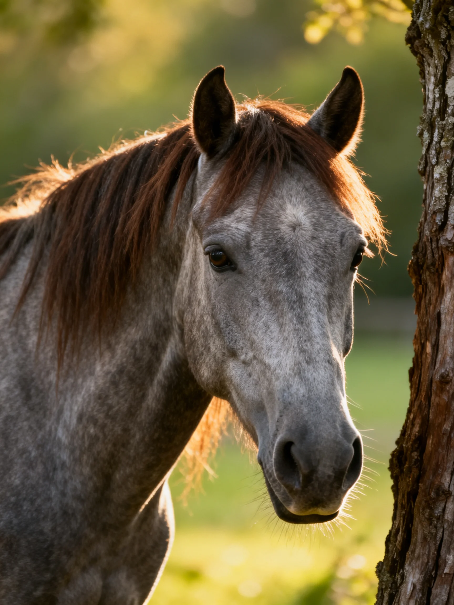 A gray horse with a brown mane stands beside a tree in golden sunlight