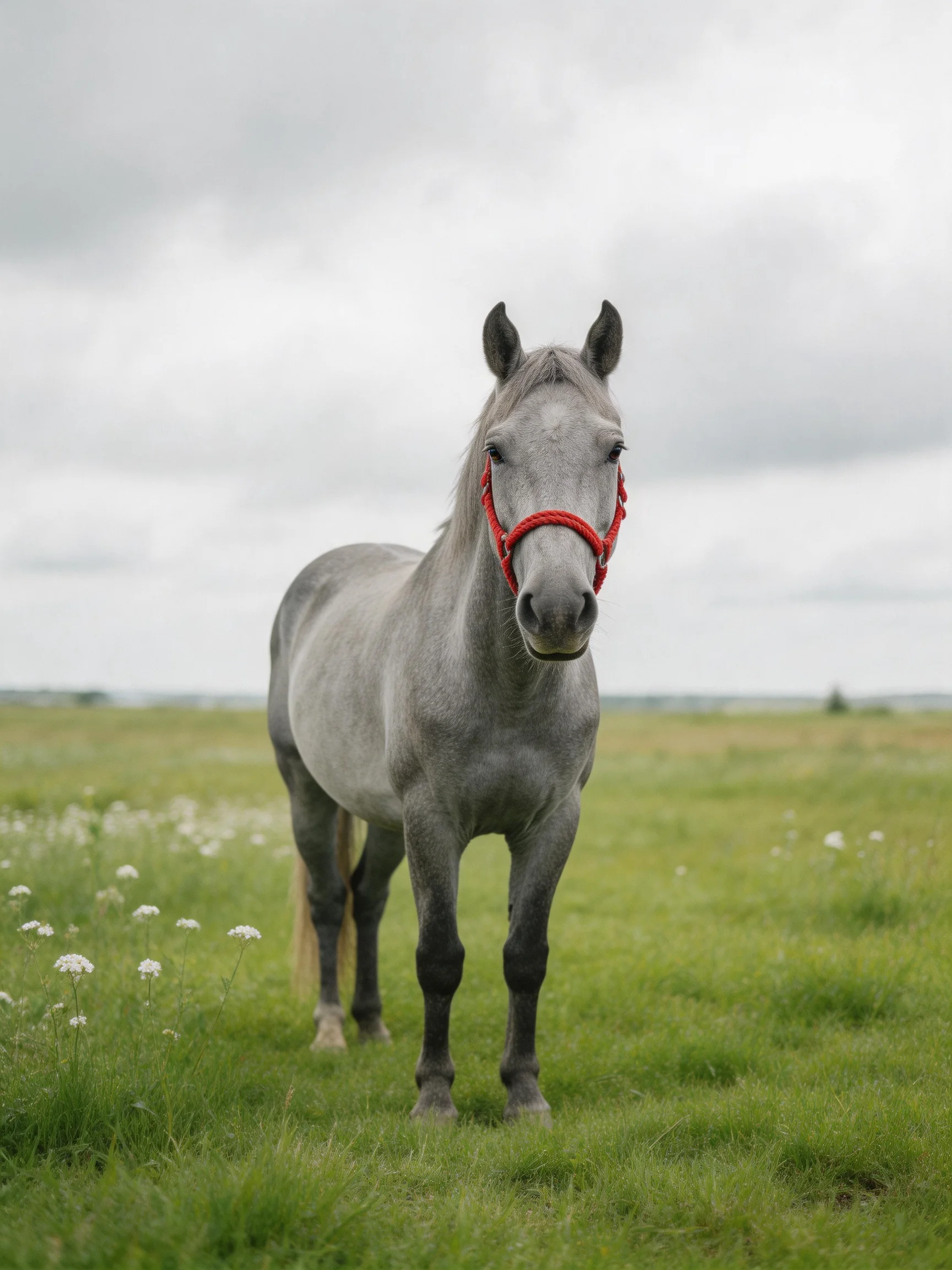 A gray horse with a red halter in a green meadow under cloudy skies