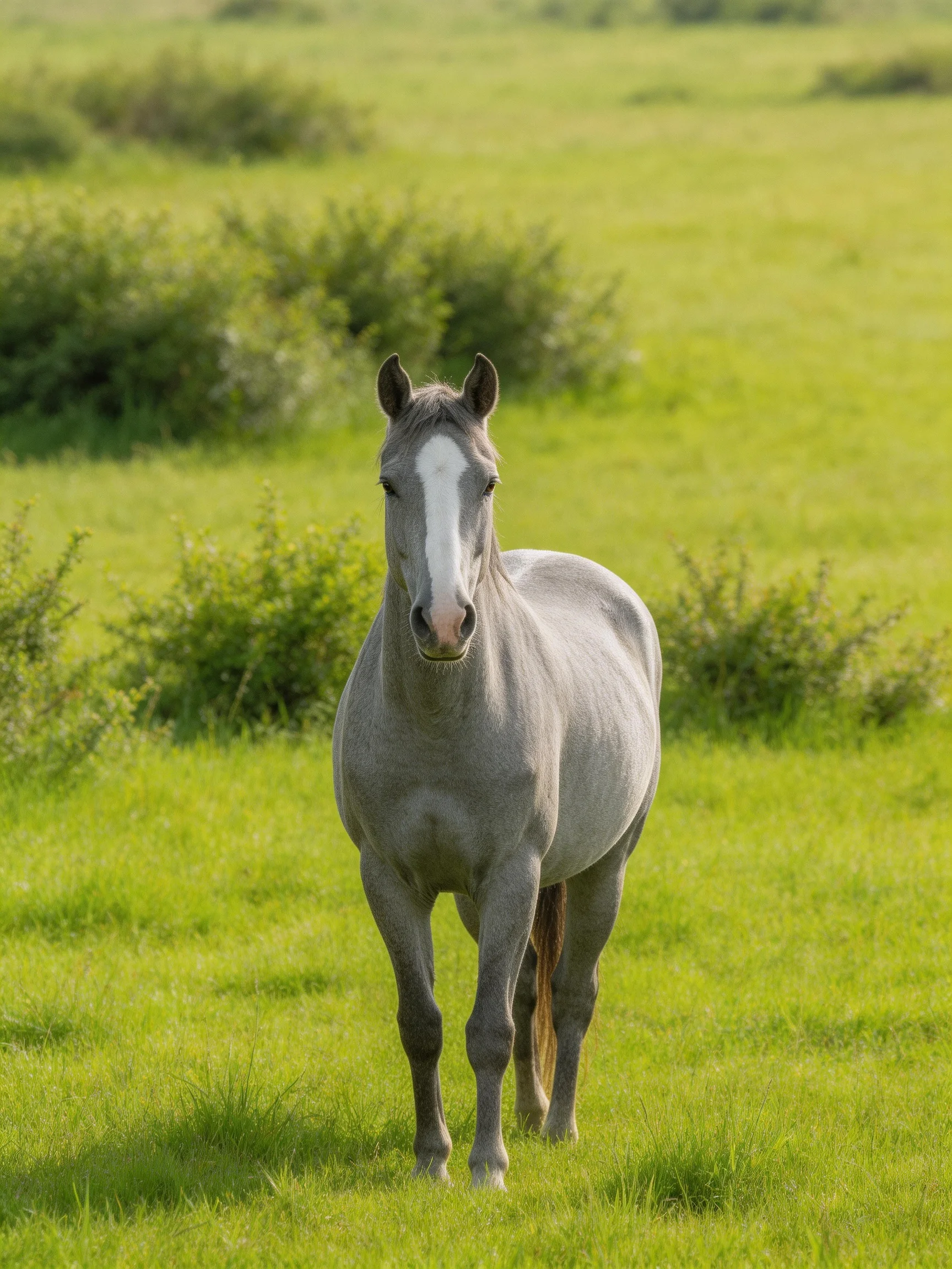 A gray horse with a white blaze in a sunlit green meadow