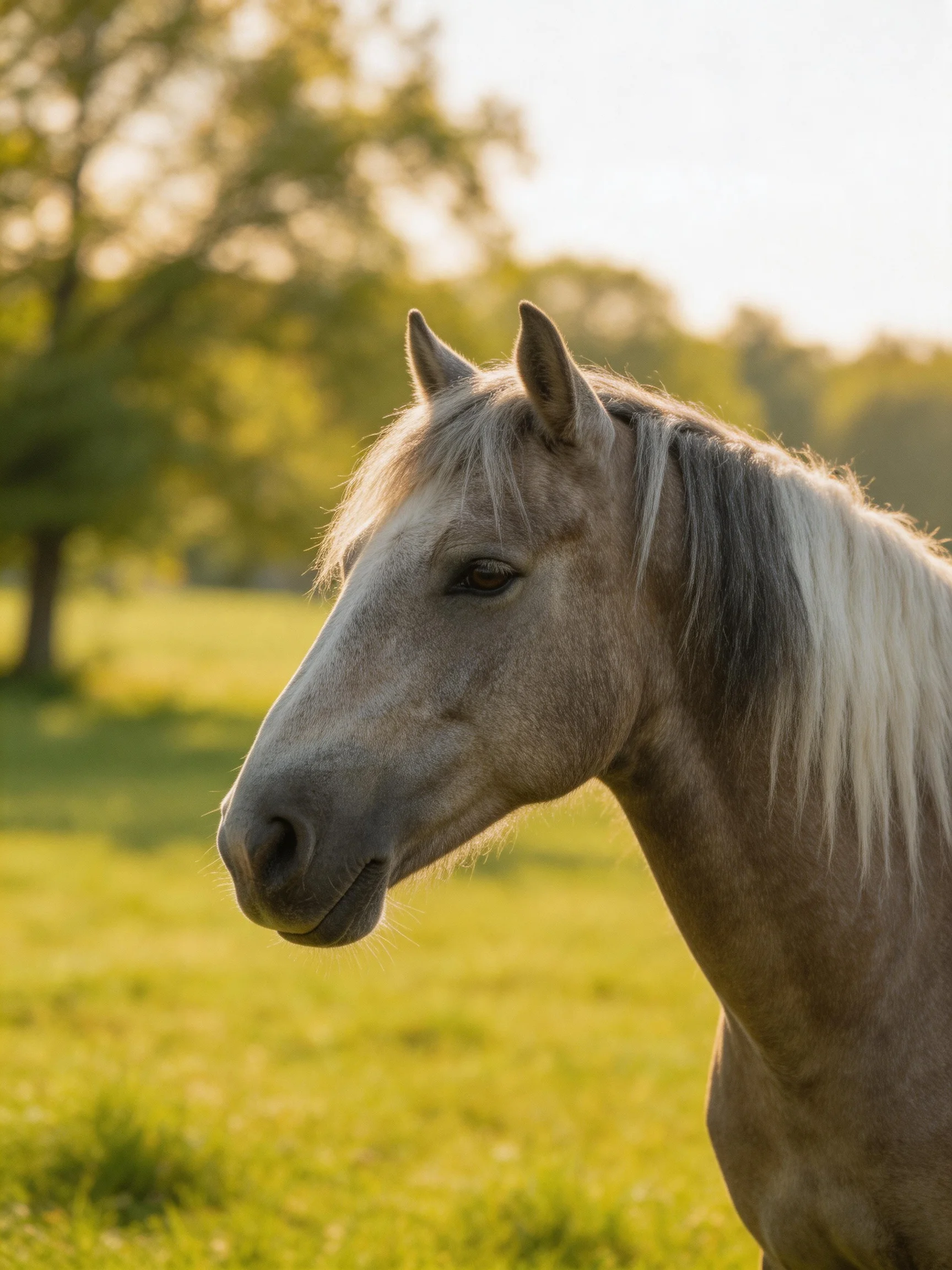 A gray horse with a white mane in a sunlit green meadow