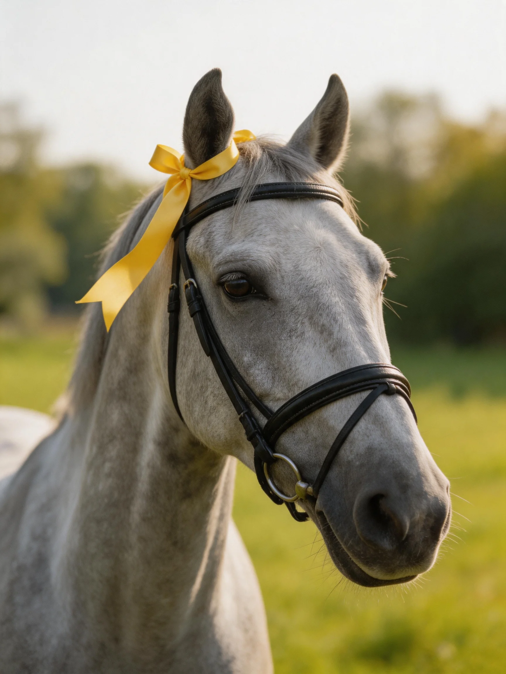 A gray horse with a yellow ribbon and black bridle in a green field