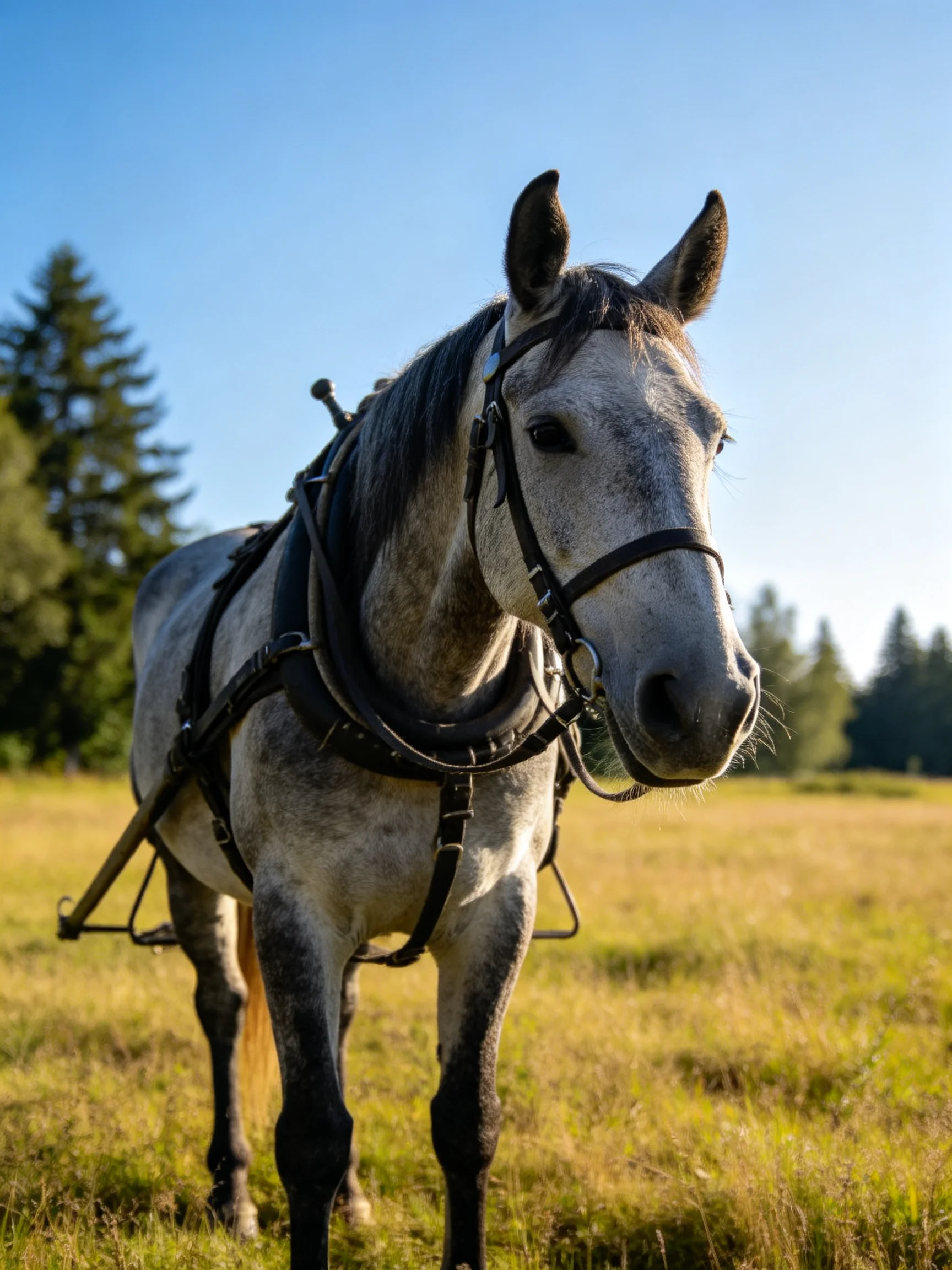 A gray horse with black harness standing in a sunny meadow