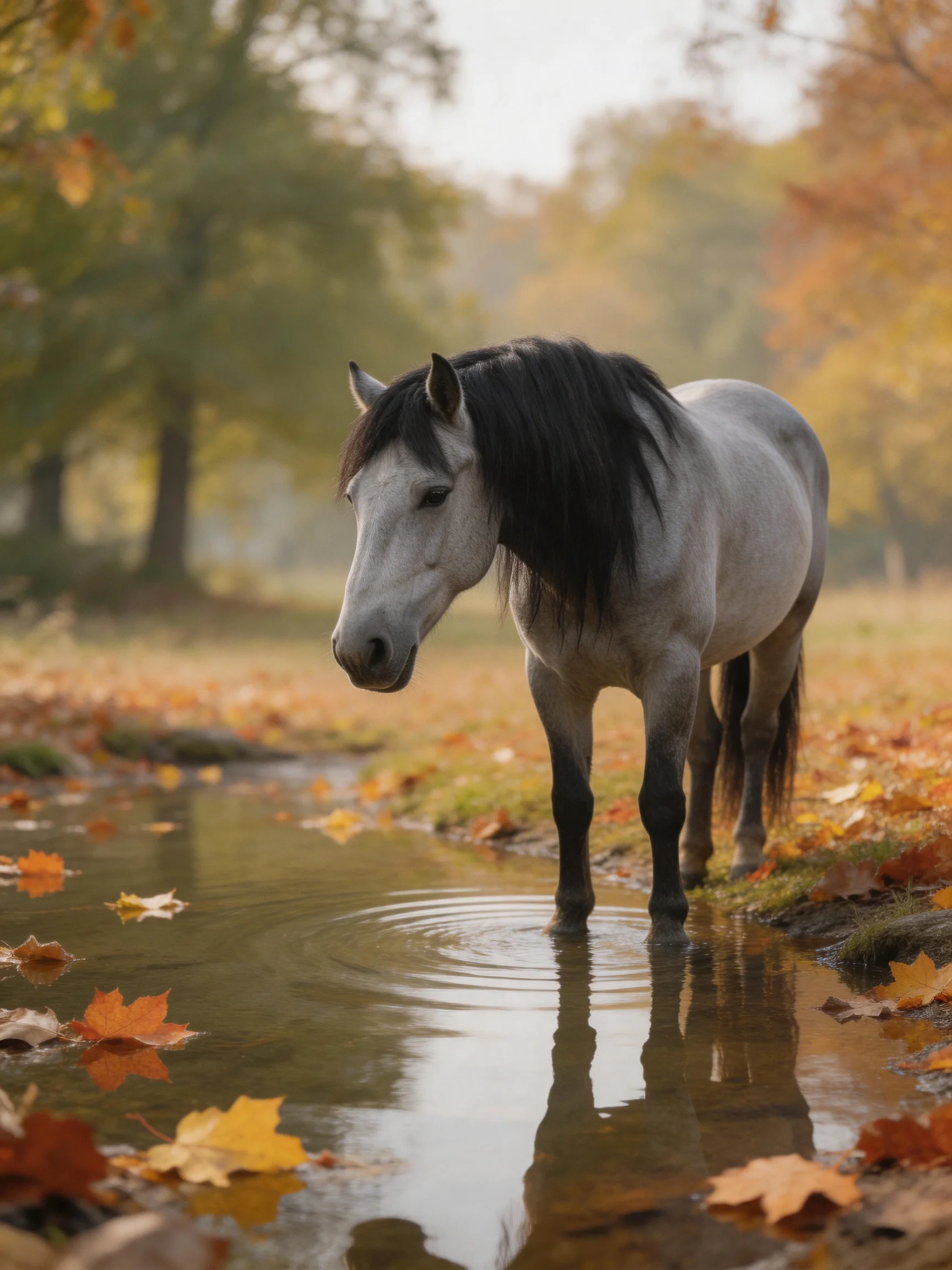 A gray horse with black mane stands in an autumn stream with colorful fallen leaves