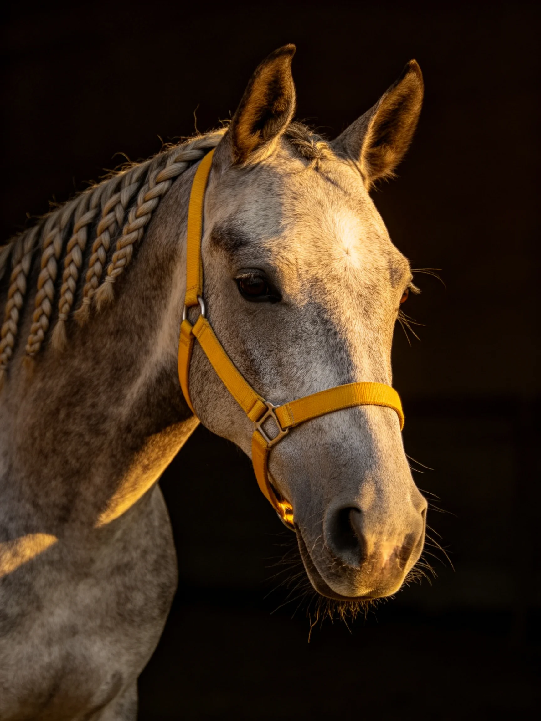 A gray horse with braided mane sports a yellow halter amid dark surroundings