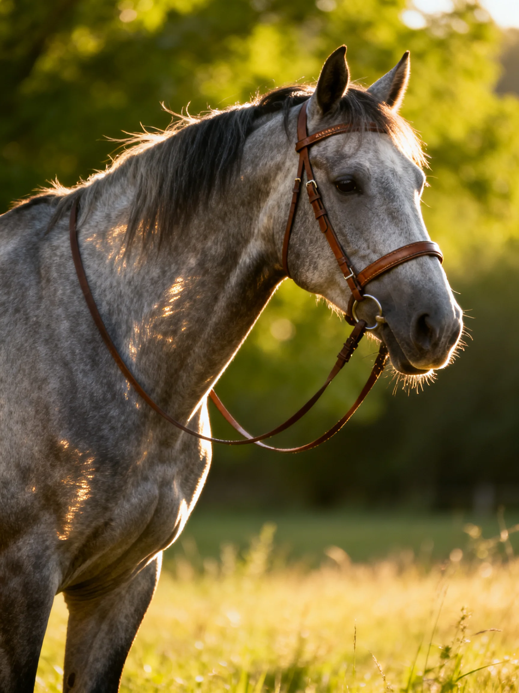 A gray horse with brown bridle stands in golden sunlight