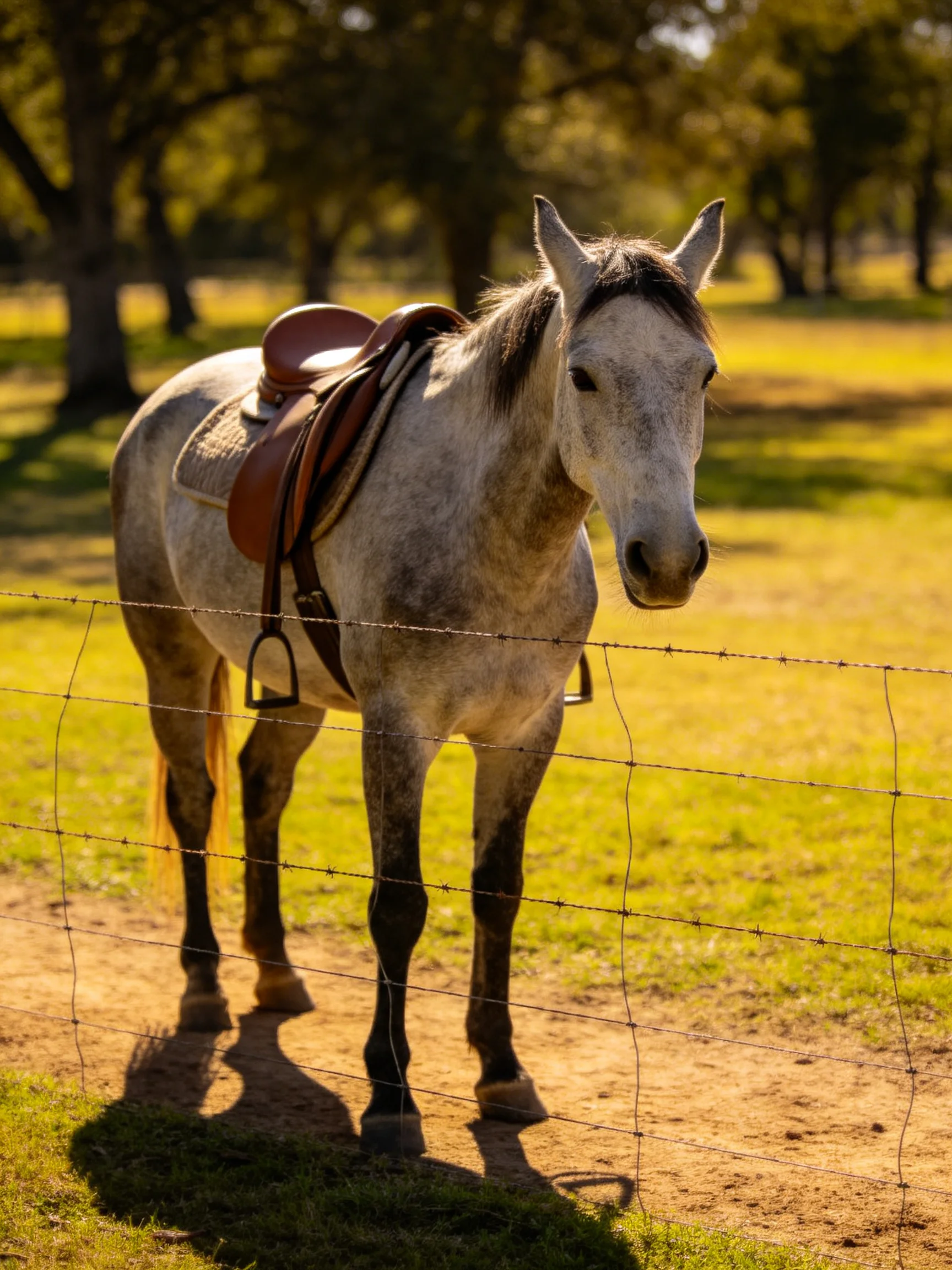 A gray horse with brown saddle near barbed wire fence in sunlit pasture
