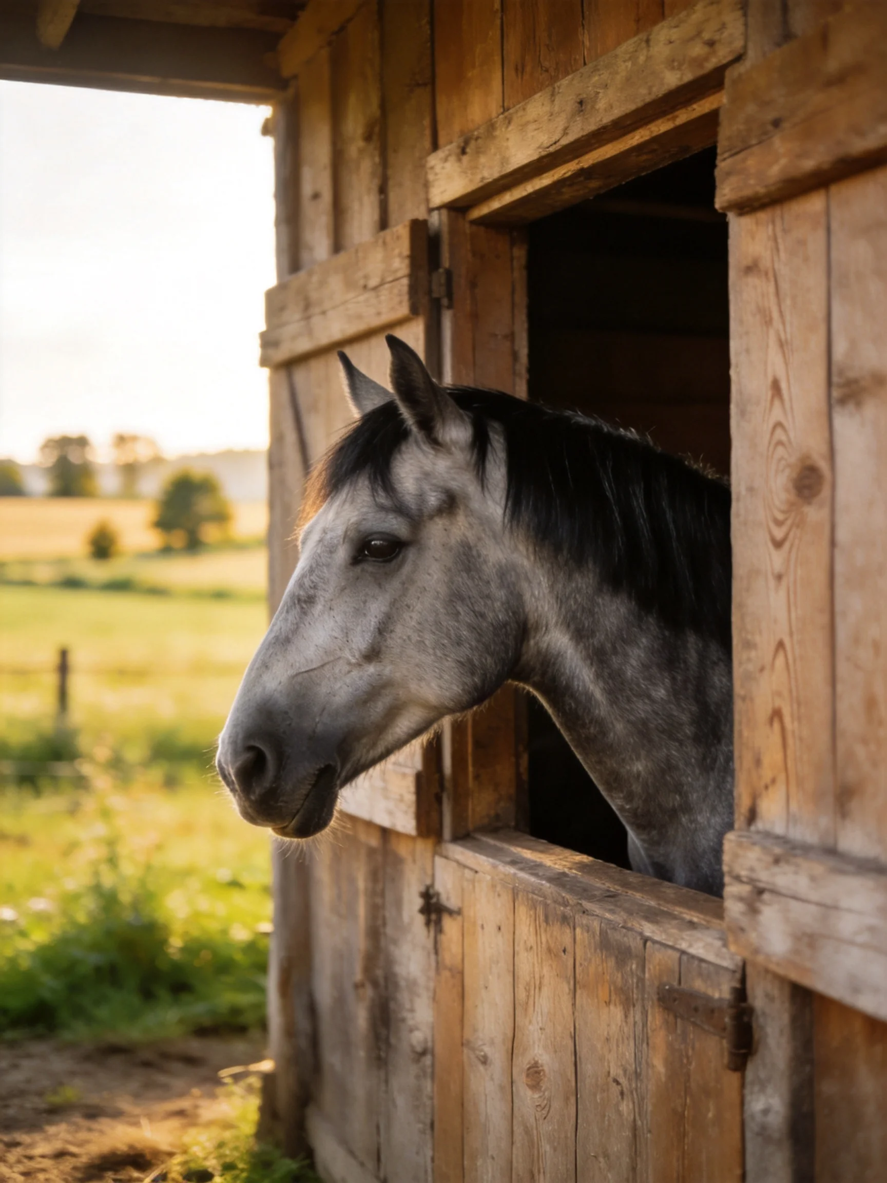 A gray horse with dark mane peers from a weathered wooden stable
