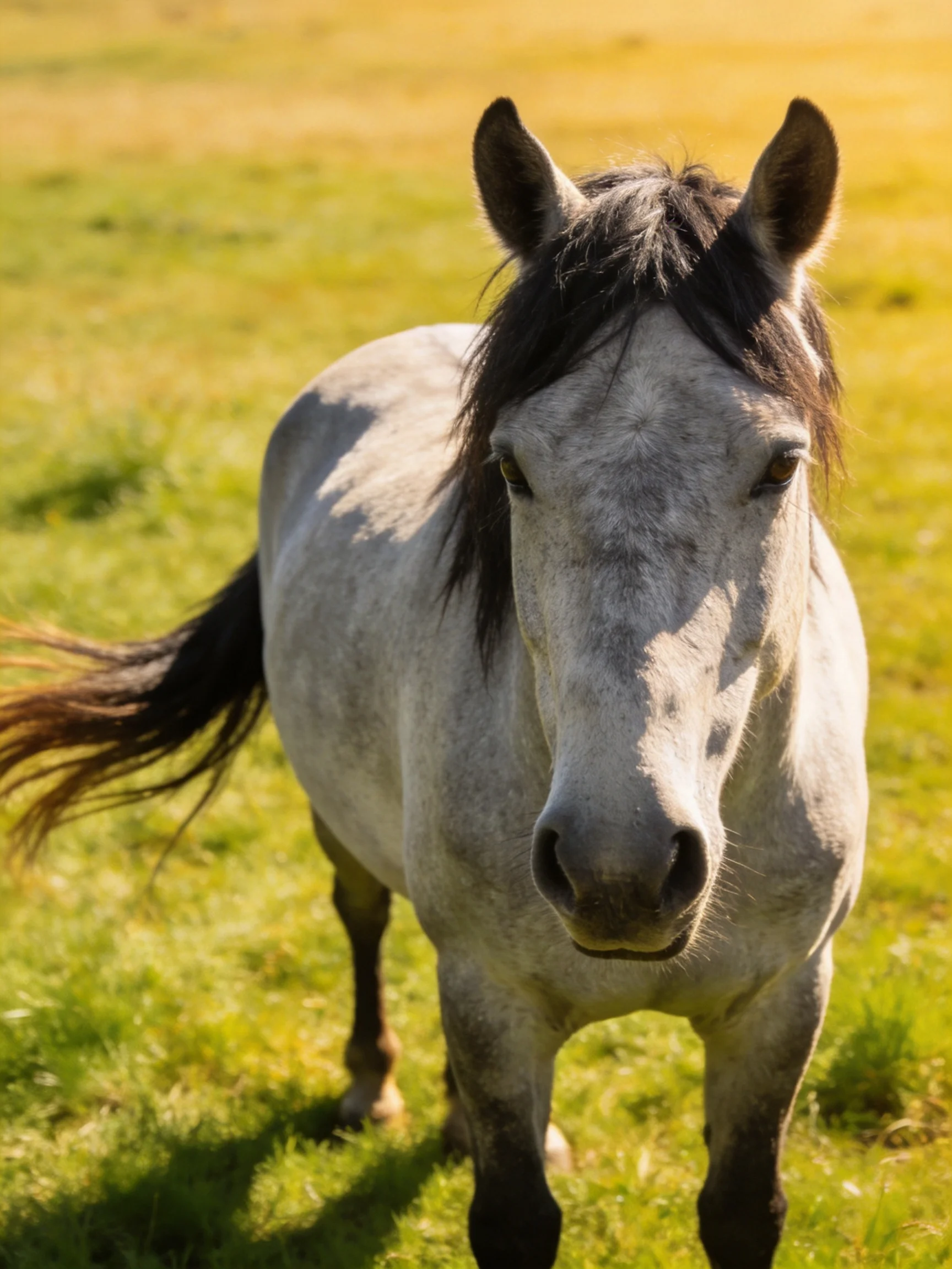 A gray horse with dark mane stands in a sunlit green meadow