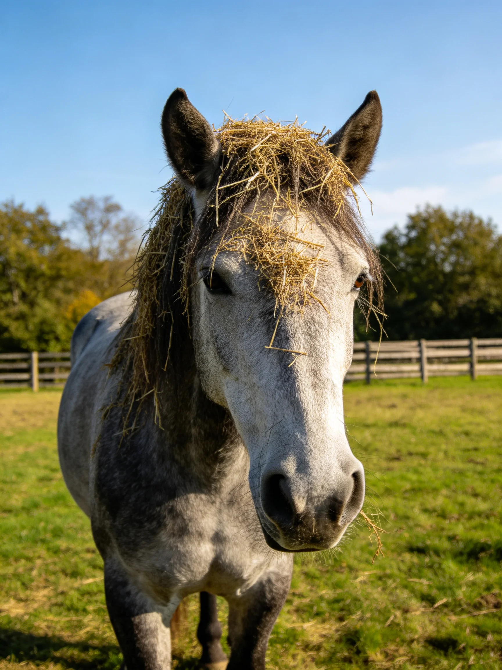 A gray horse with hay on its head stands in a sunny pasture near trees and a wooden fence.