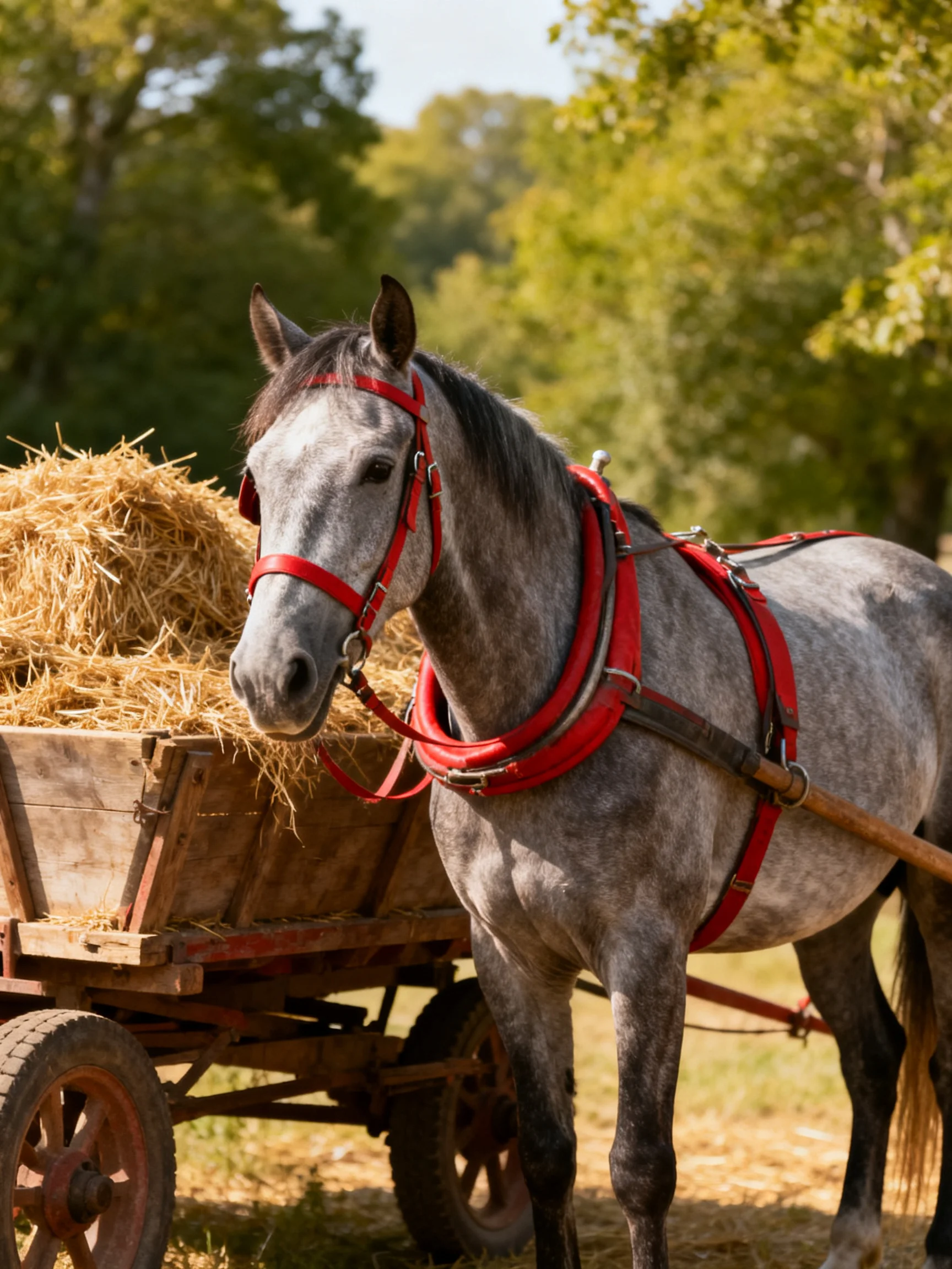 A gray horse with red harness stands next to a wooden cart filled with hay