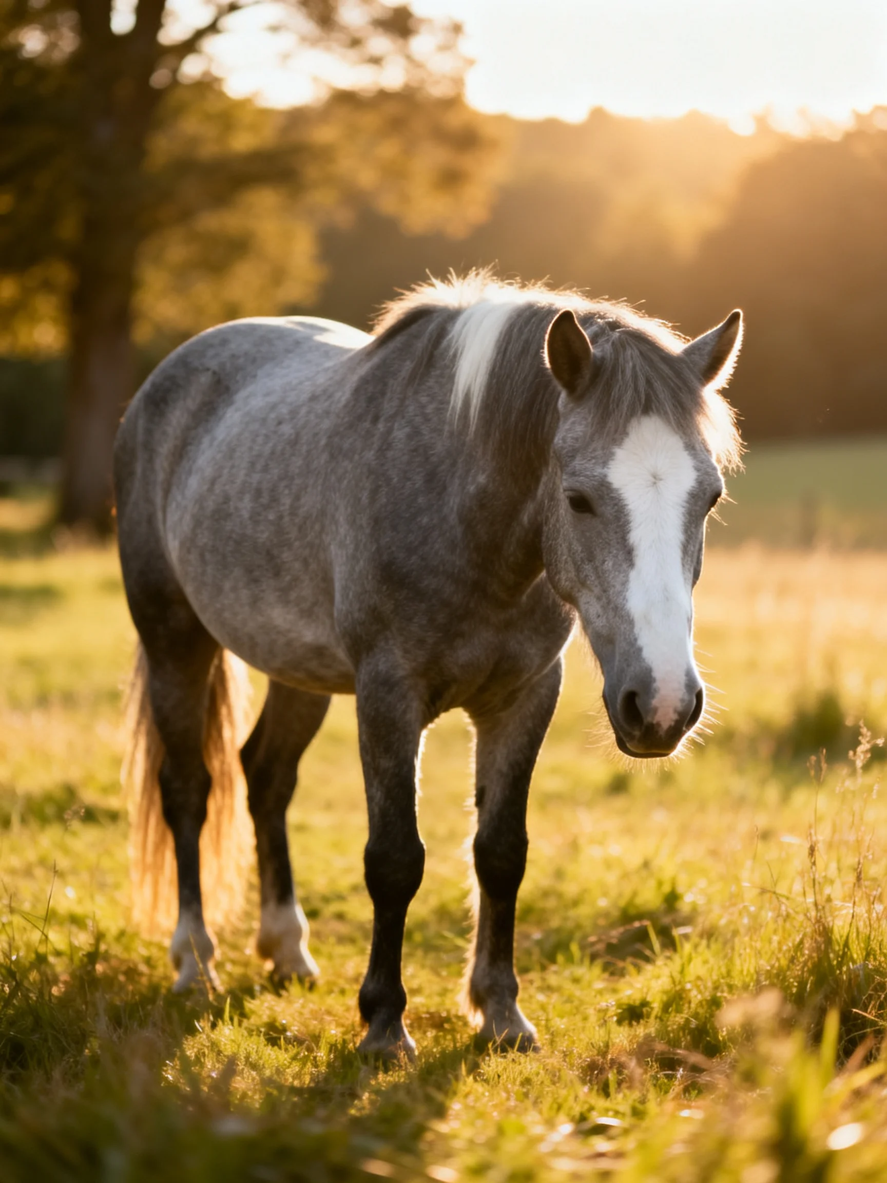 A gray horse with white markings in a sunlit meadow