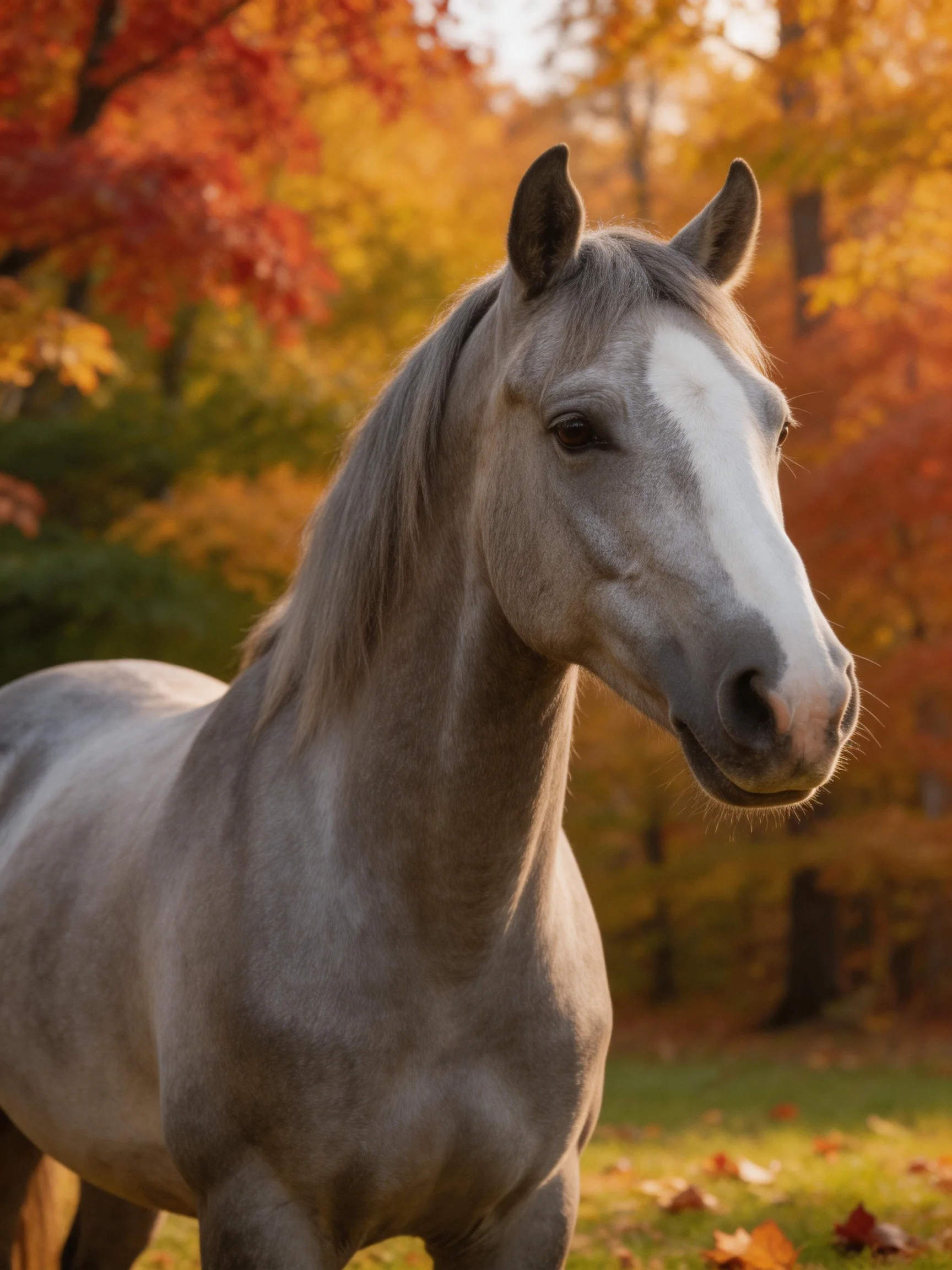 A gray horse with white markings in front of colorful autumn trees