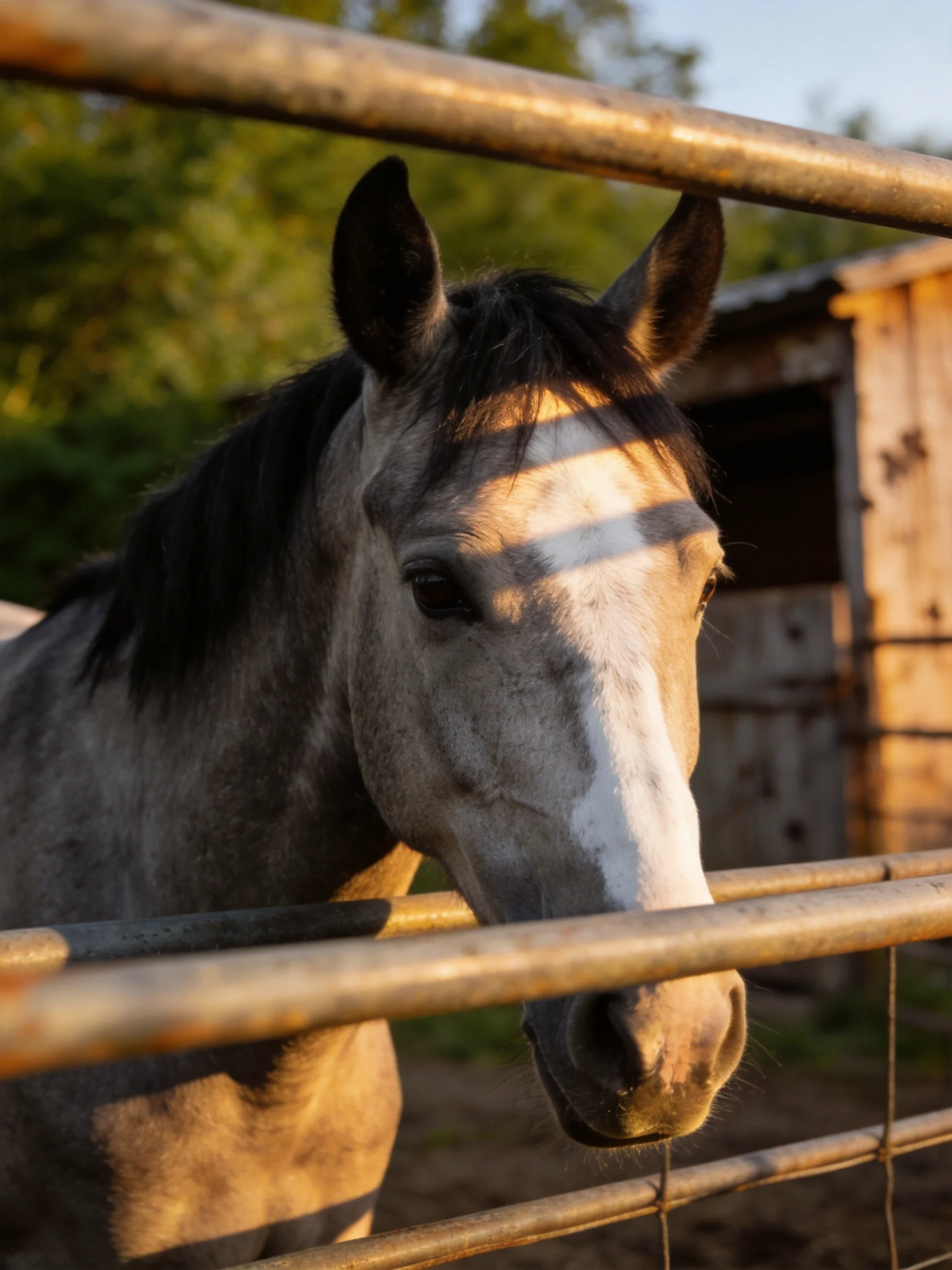 A gray horse with white markings near a wooden stable under warm sunlight