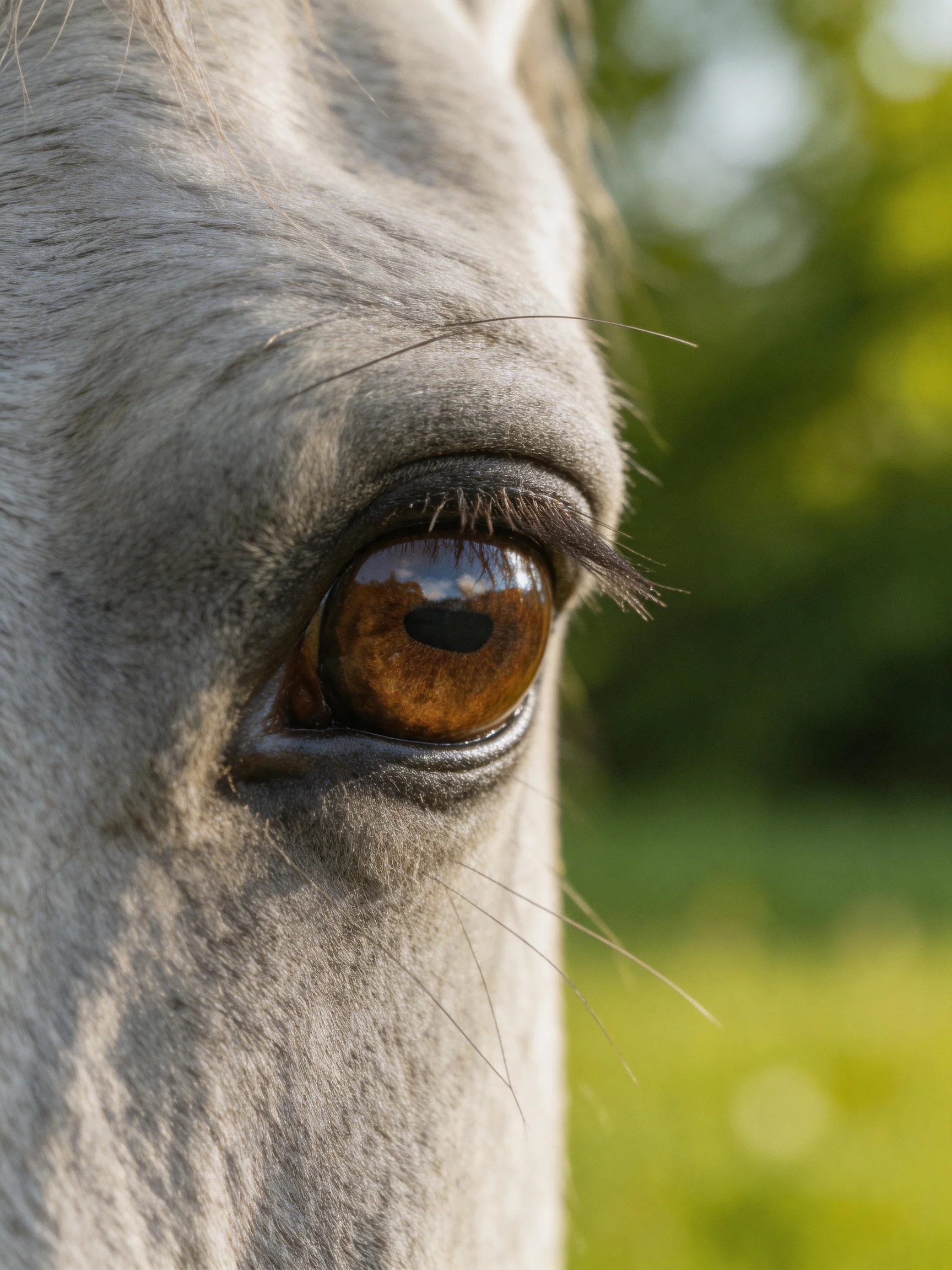 Close - up reveals a gray horse’s brown eye and textured facial area.