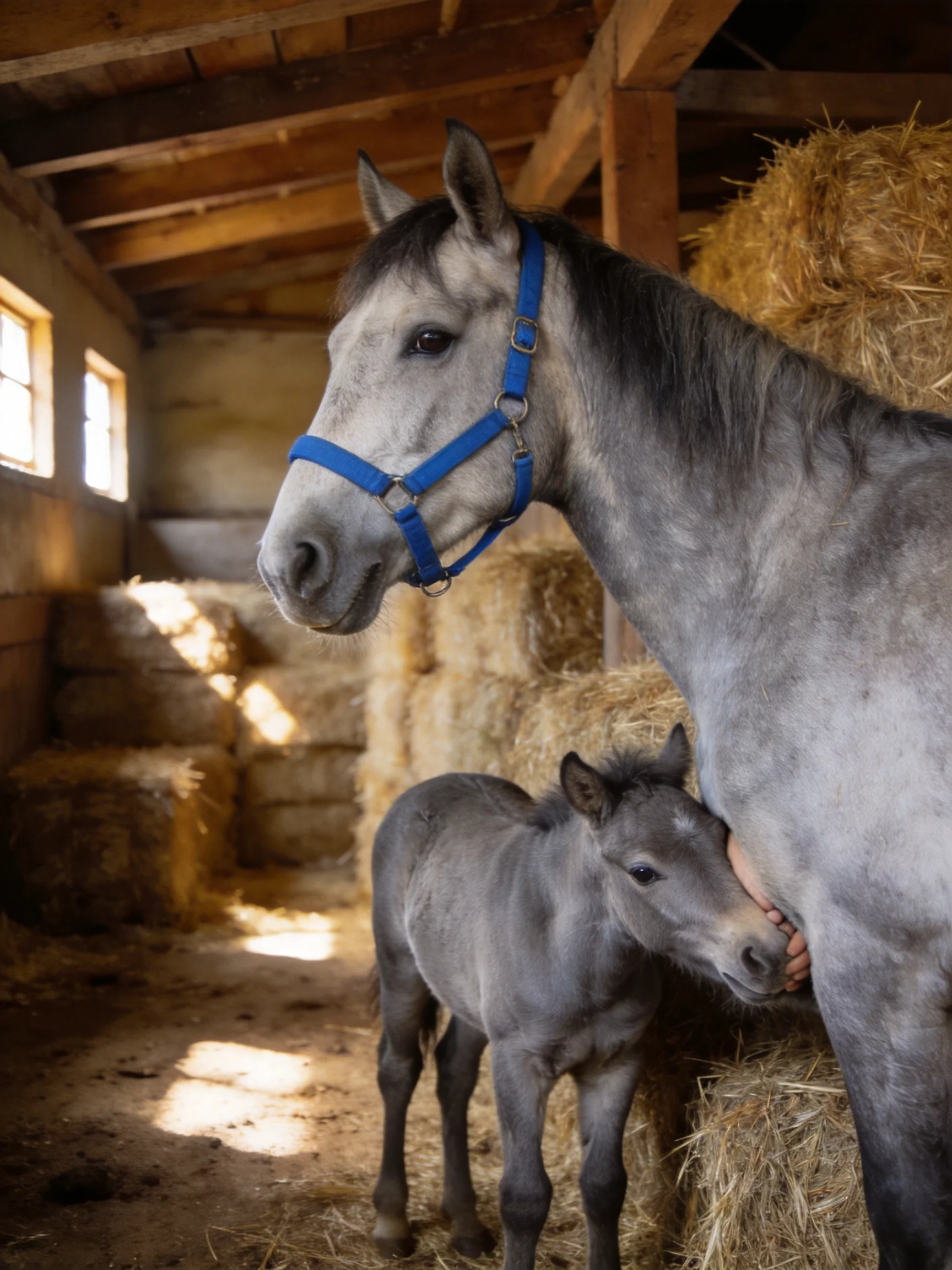 A gray mare and foal near stacked hay bales in a wooden barn